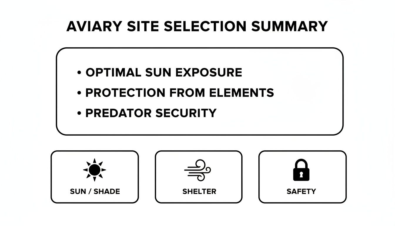 An infographic summarizing aviary site selection, featuring optimal sun exposure, shelter from elements, and predator security.