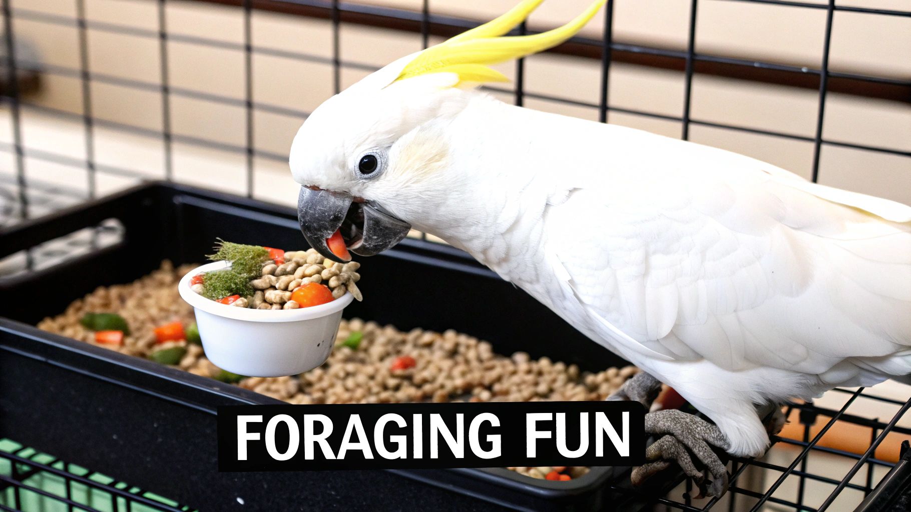 White sulphur-crested cockatoo eating from foraging cup filled with pellets and vegetables in cage