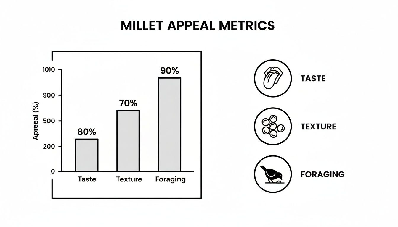 Bar chart showing millet appeal metrics: Taste 80%, Texture 70%, and Foraging 90%.