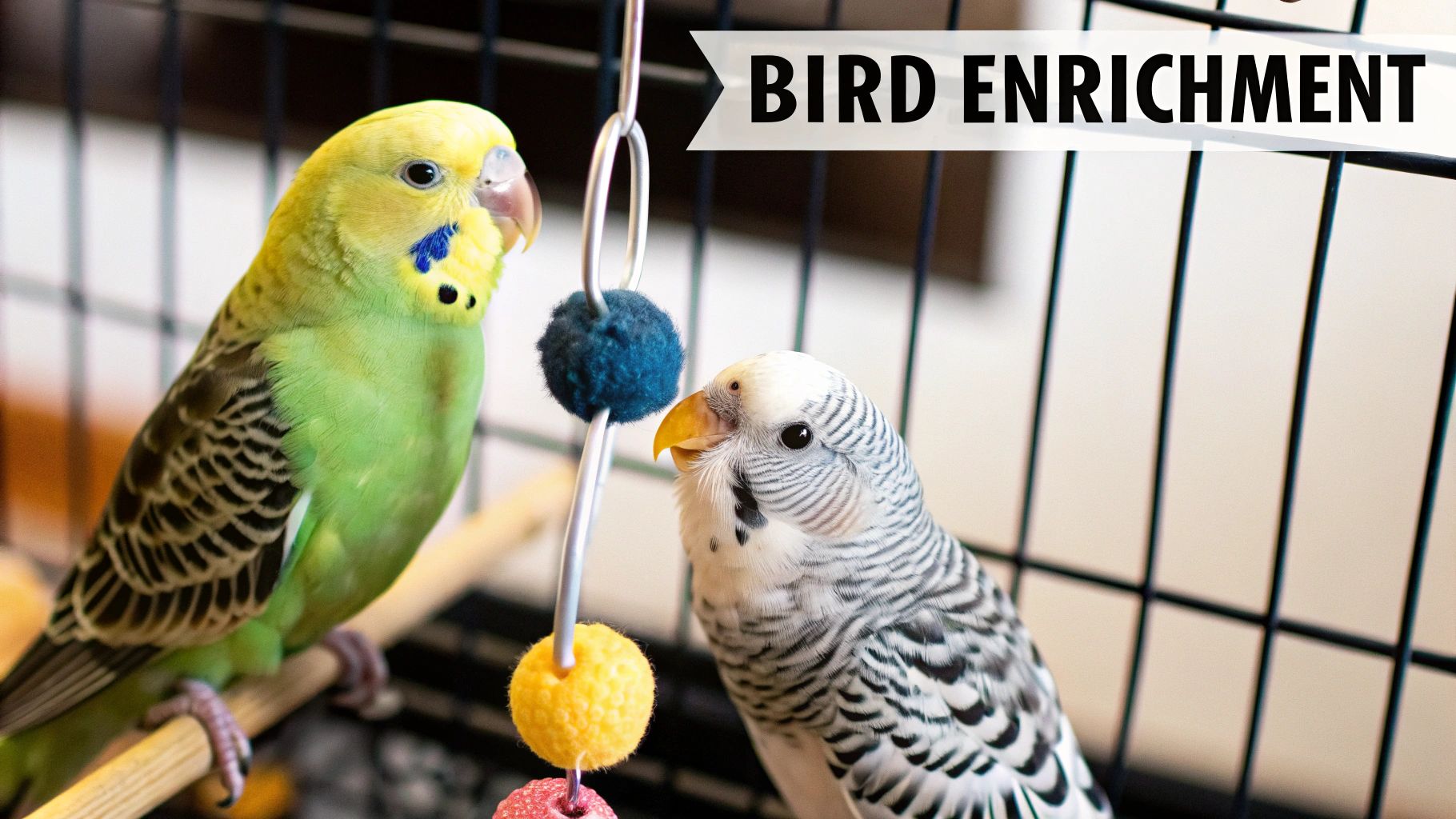 Two parakeets, one green and one white, inside a cage, looking at a bird toy with colorful pom-poms.