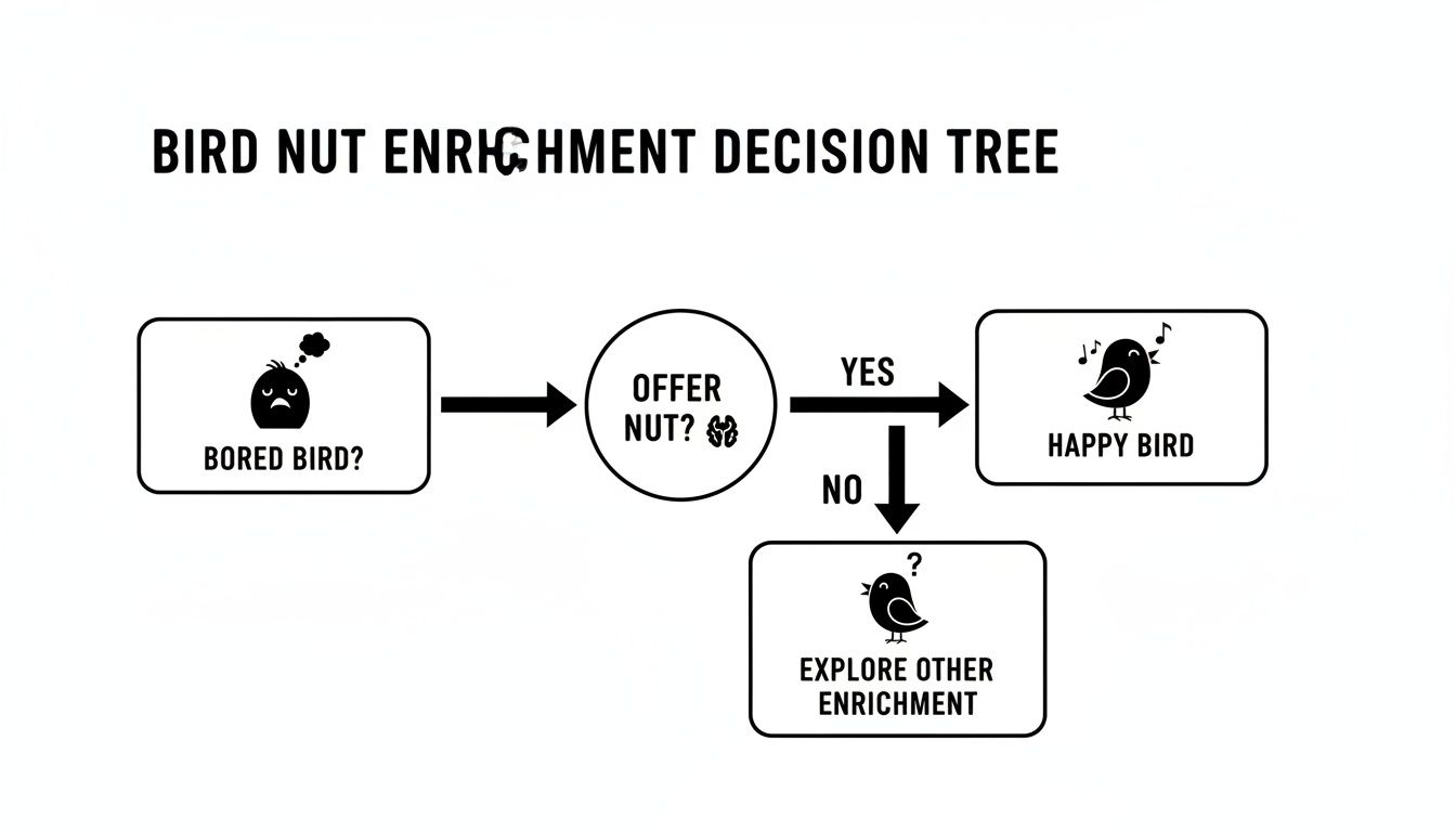 A bird nut enrichment decision tree flowchart, showing how offering a nut can make a bored bird happy.
