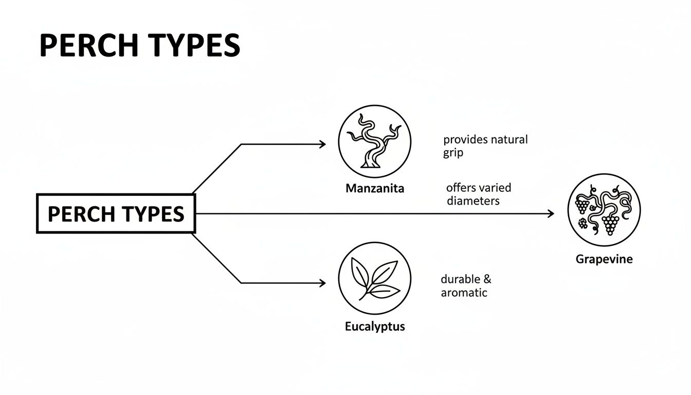 Diagram illustrating different perch types: Manzanita for natural grip, Eucalyptus, and Grapevine for varied diameters.