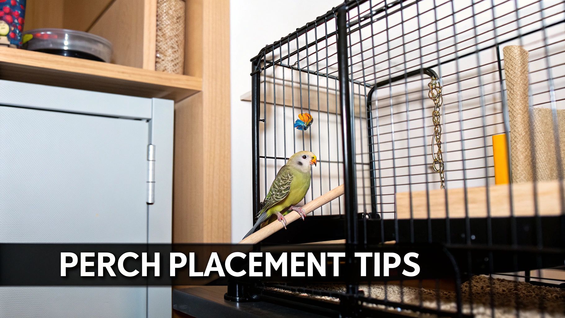 A small green parrotlet bird perches on a wooden dowel inside a black wire birdcage.