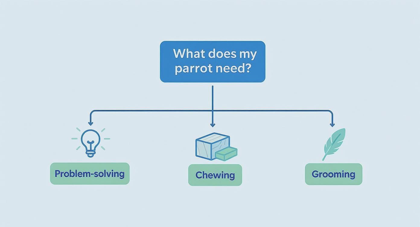 A flowchart showing 'What does my parrot need?' with branches for problem-solving, chewing, and grooming.