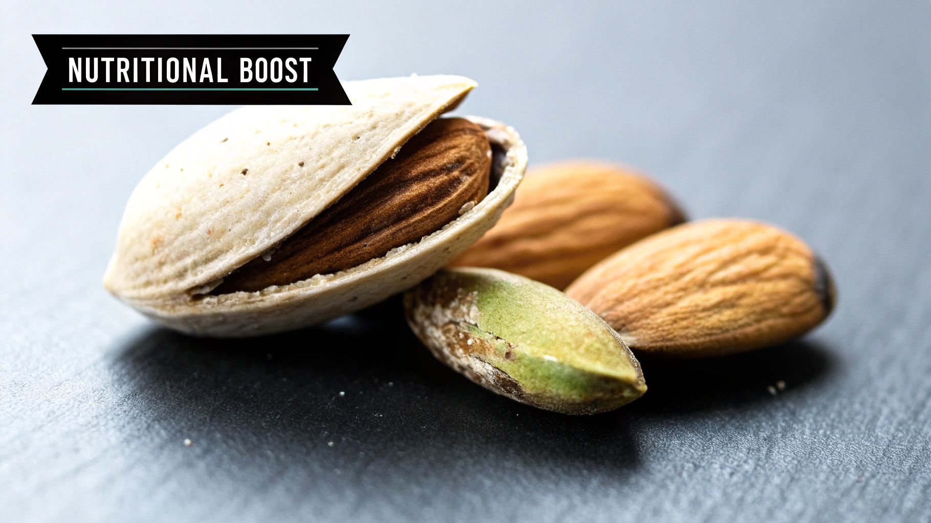 Close-up of almonds, one partially in its shell, and a green pistachio on a dark background.