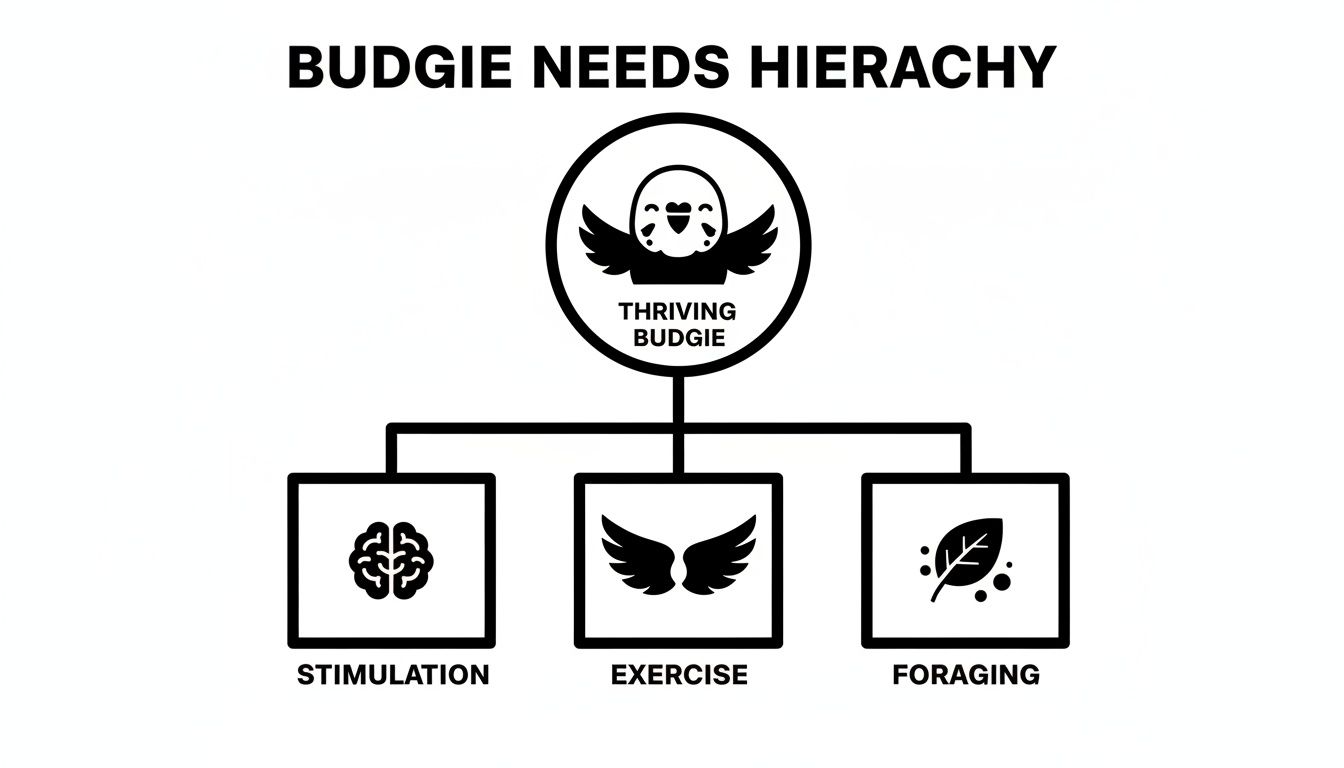 Diagram outlining a budgie's needs: a thriving budgie requires stimulation, exercise, and foraging.