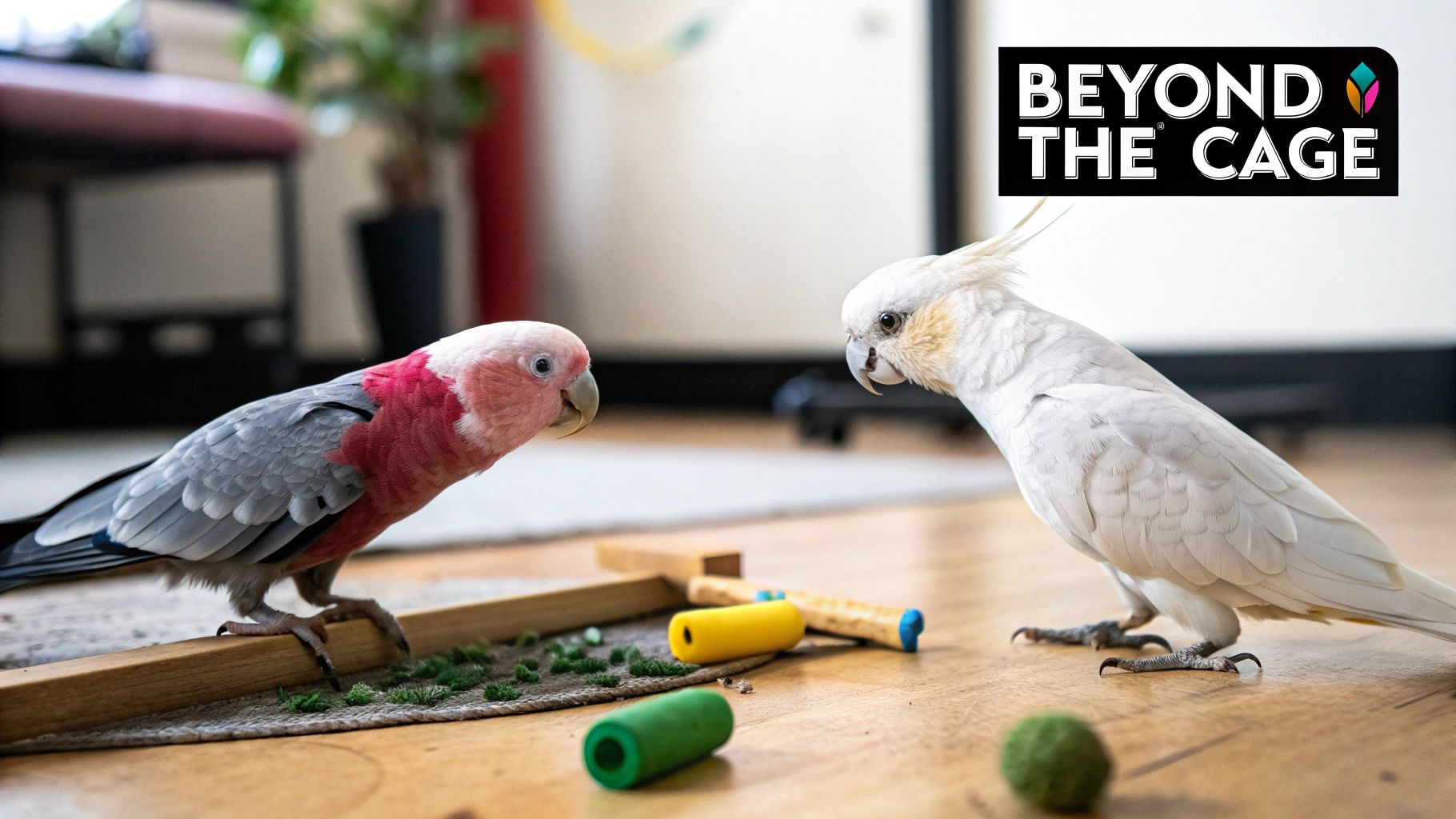 Two colorful parrots, a Galah and a white cockatiel, interacting with DIY toys on a wooden floor.