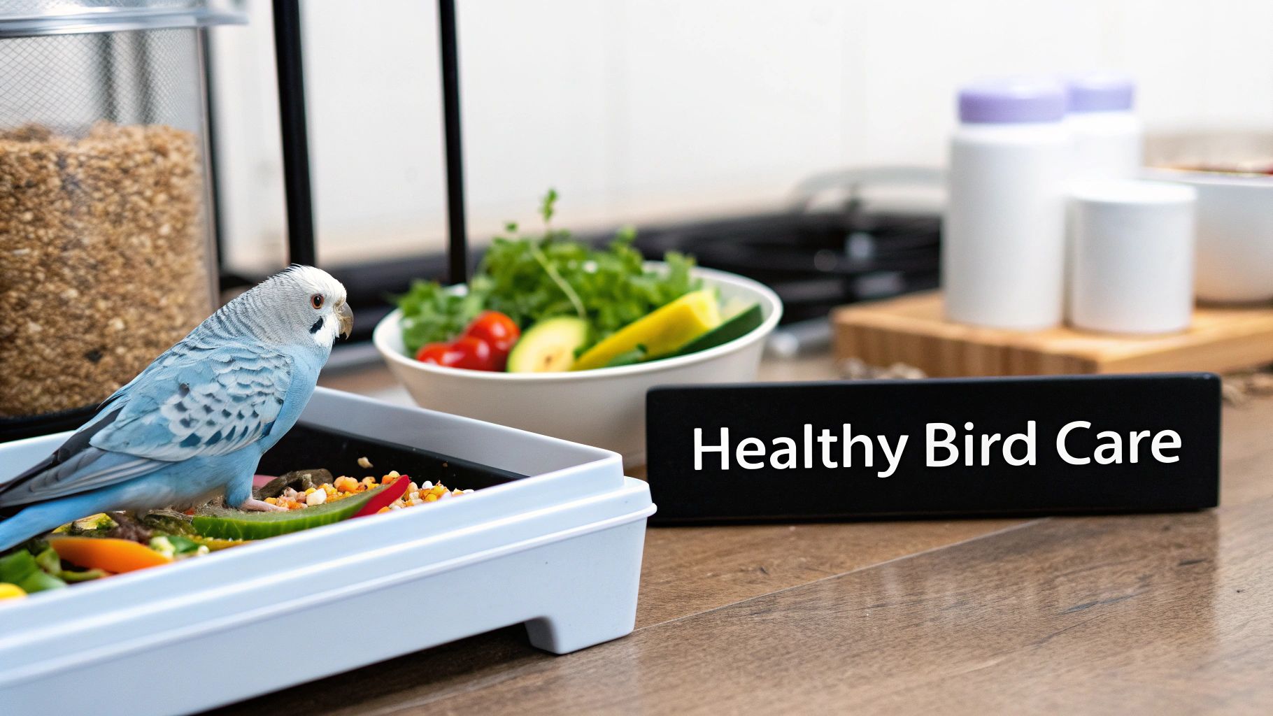 A blue parakeet eating fresh fruits and vegetables from a feeder tray, with 'Healthy Bird Care' sign.