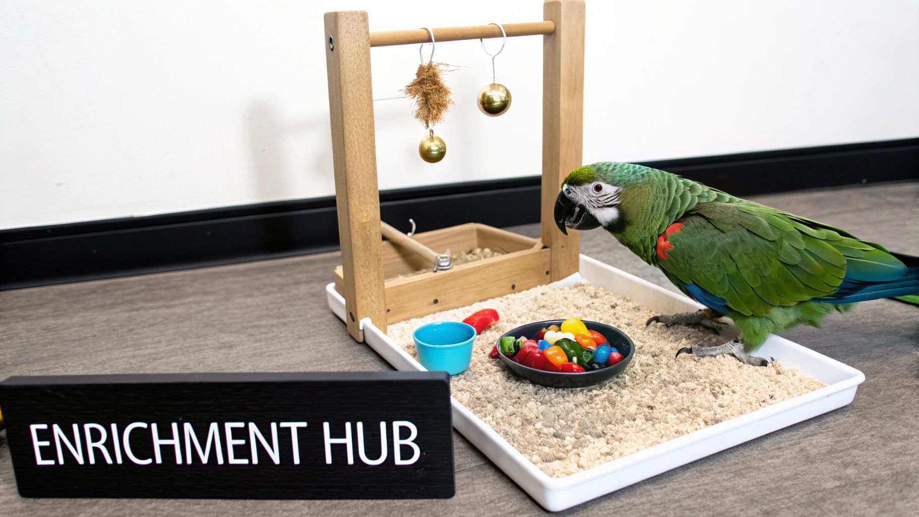 A green parrot engages with a wooden enrichment play stand and colorful treats in a sand tray.
