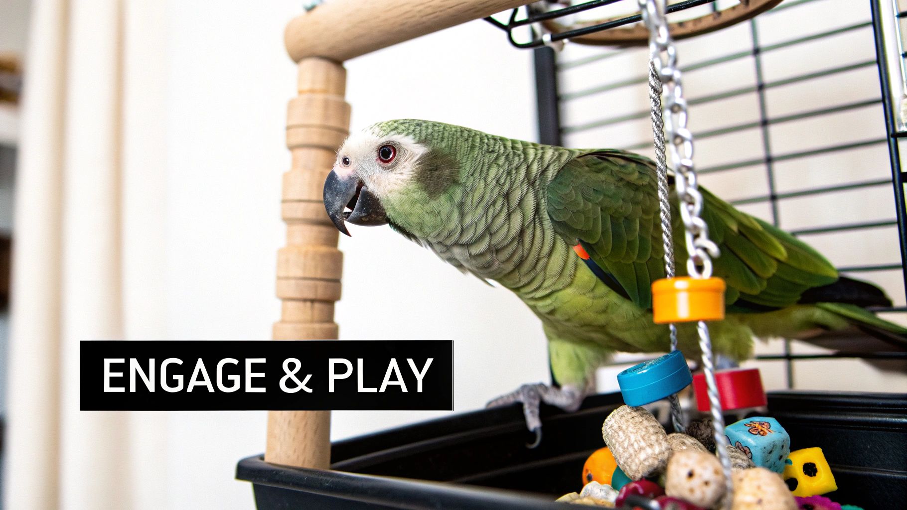 A green parrot with a grey head playing with colorful toys on a perch.