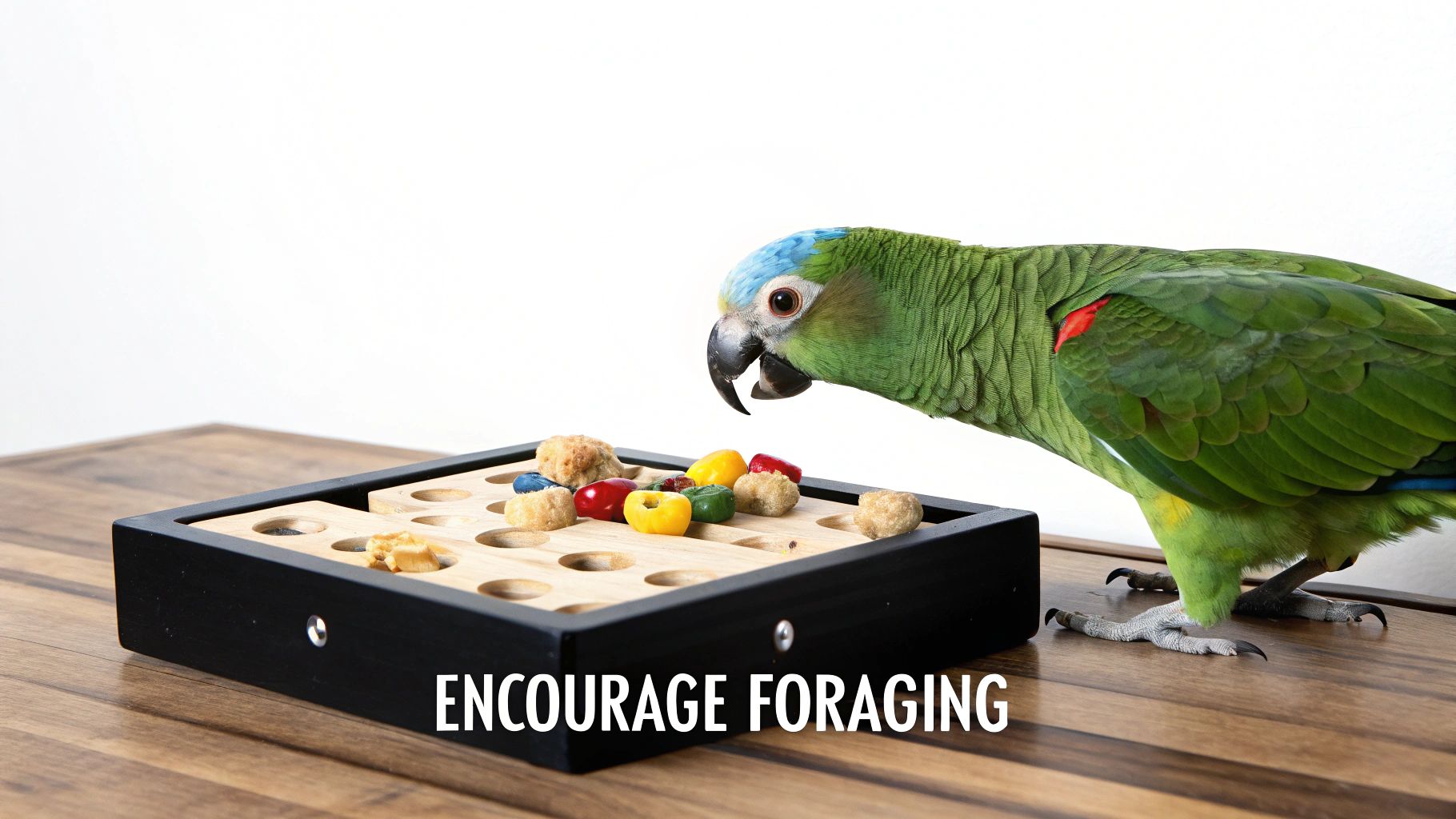 A green parrot with blue feathers on its head interacts with a foraging puzzle toy containing treats, encouraging natural behavior.