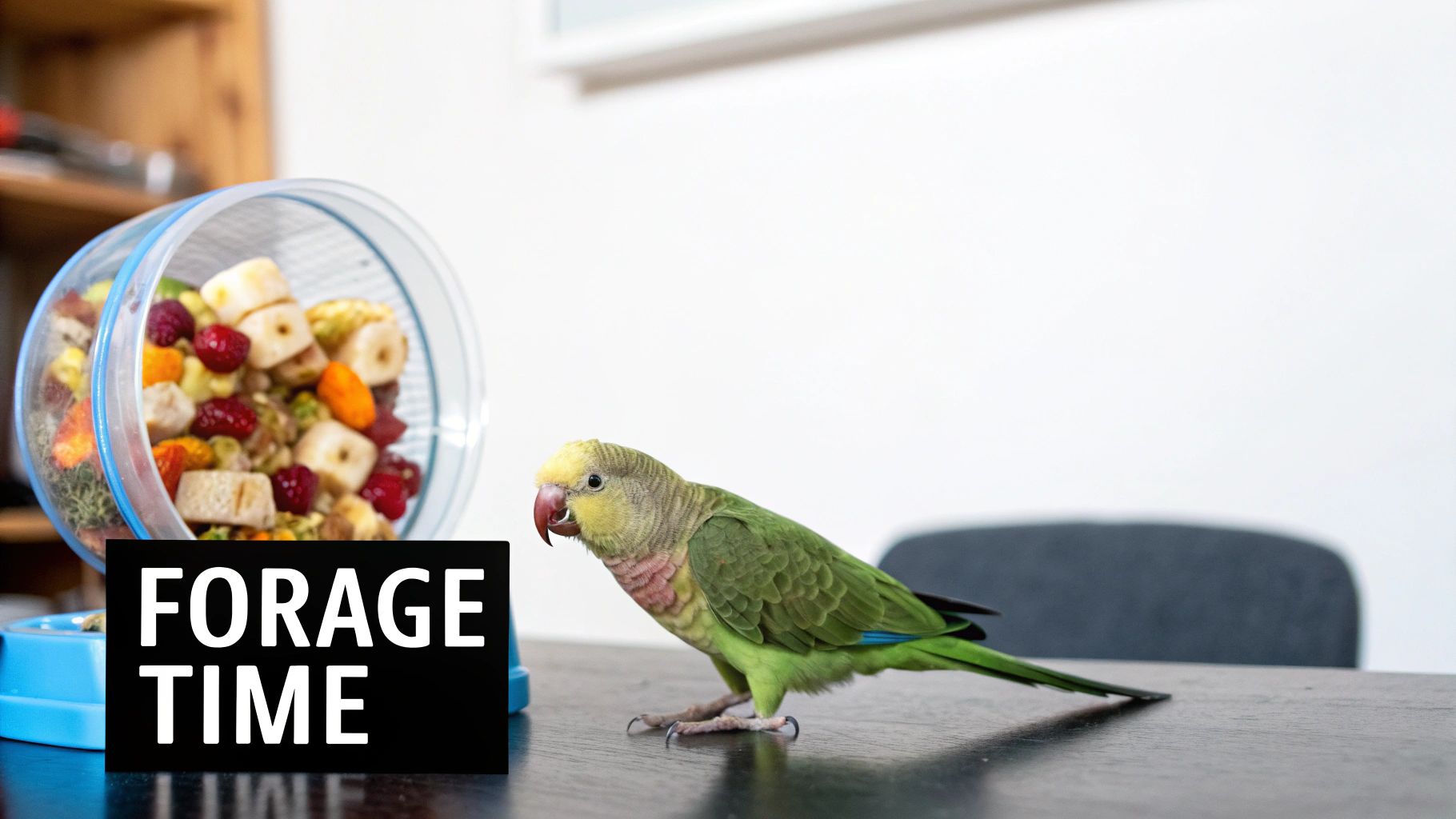 A green parrot stands next to a clear foraging toy filled with colorful freeze-dried fruits and vegetables, labeled "FORAGE TIME".