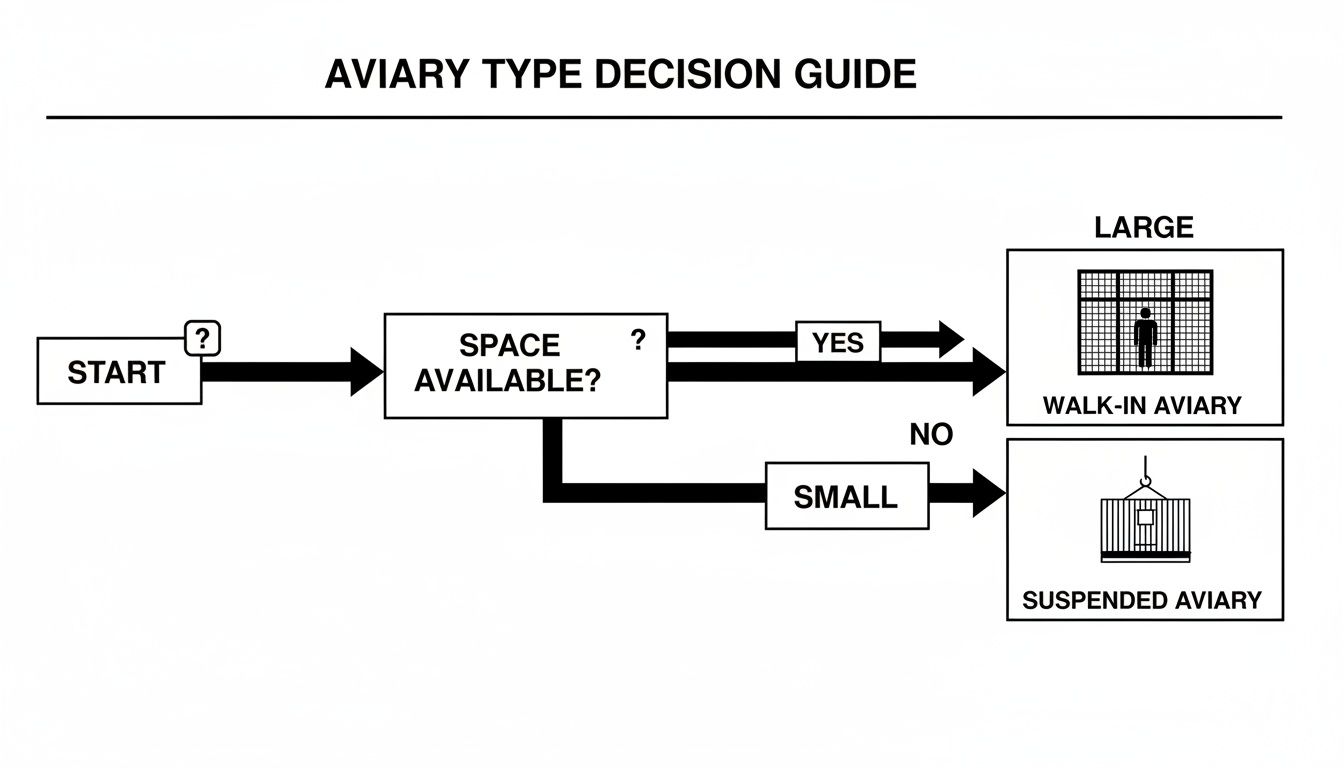 A flowchart guiding the selection of aviary type based on available space, either walk-in or suspended.