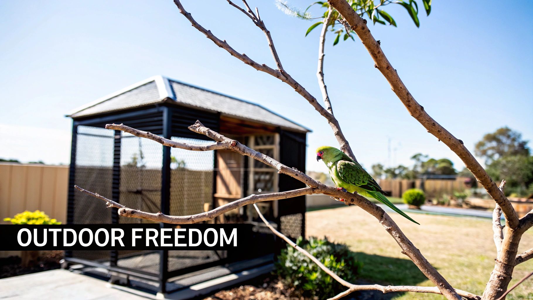 A green parrot perches on a tree branch with a large outdoor bird aviary in the background under a sunny sky.