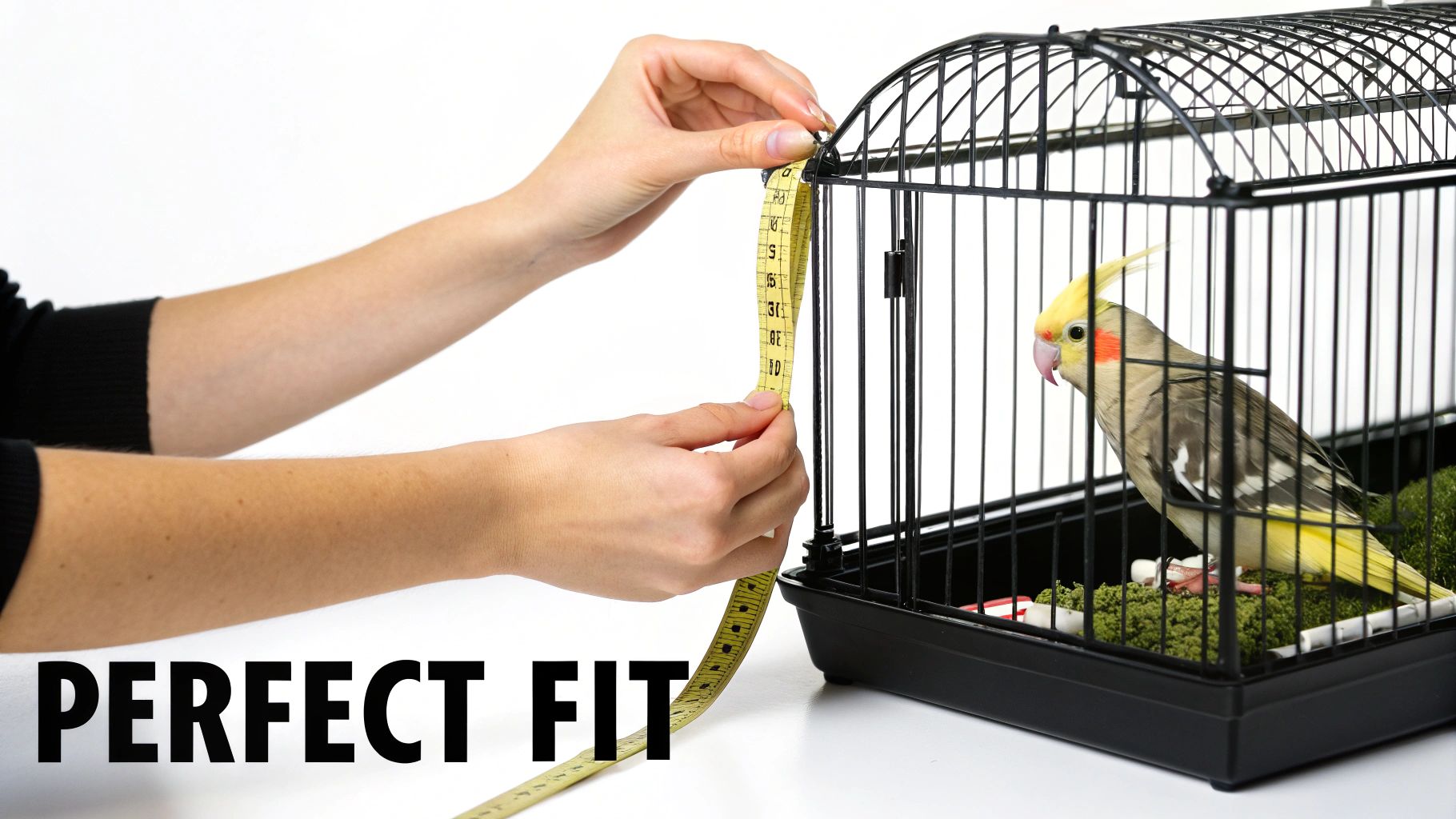 Hands measure a black bird cage with a yellow tape measure, a cockatiel sits inside.