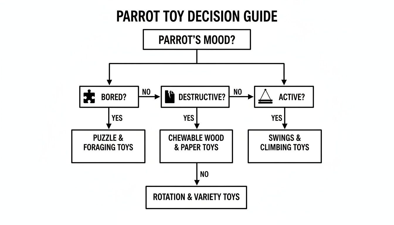 Decision guide flowchart to choose parrot toys based on the bird's mood: bored, destructive, or active.