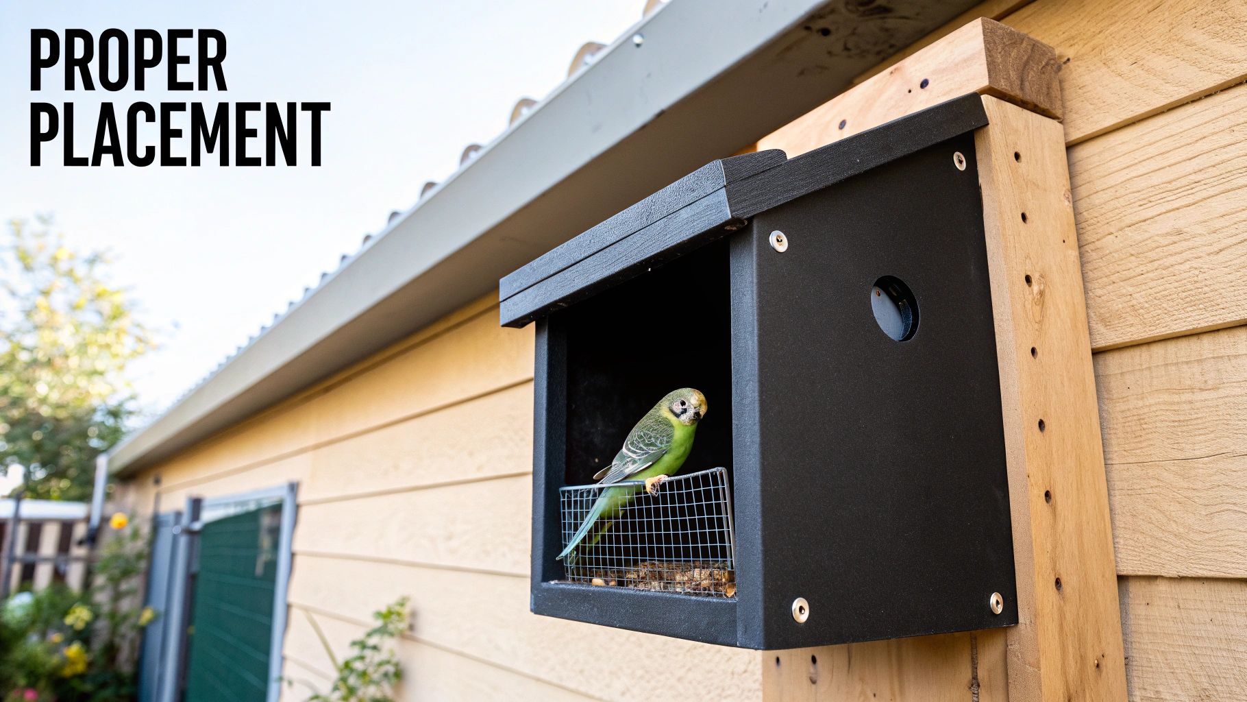 Black budgerigar nest box properly mounted on wooden wall with green parakeet inside entrance