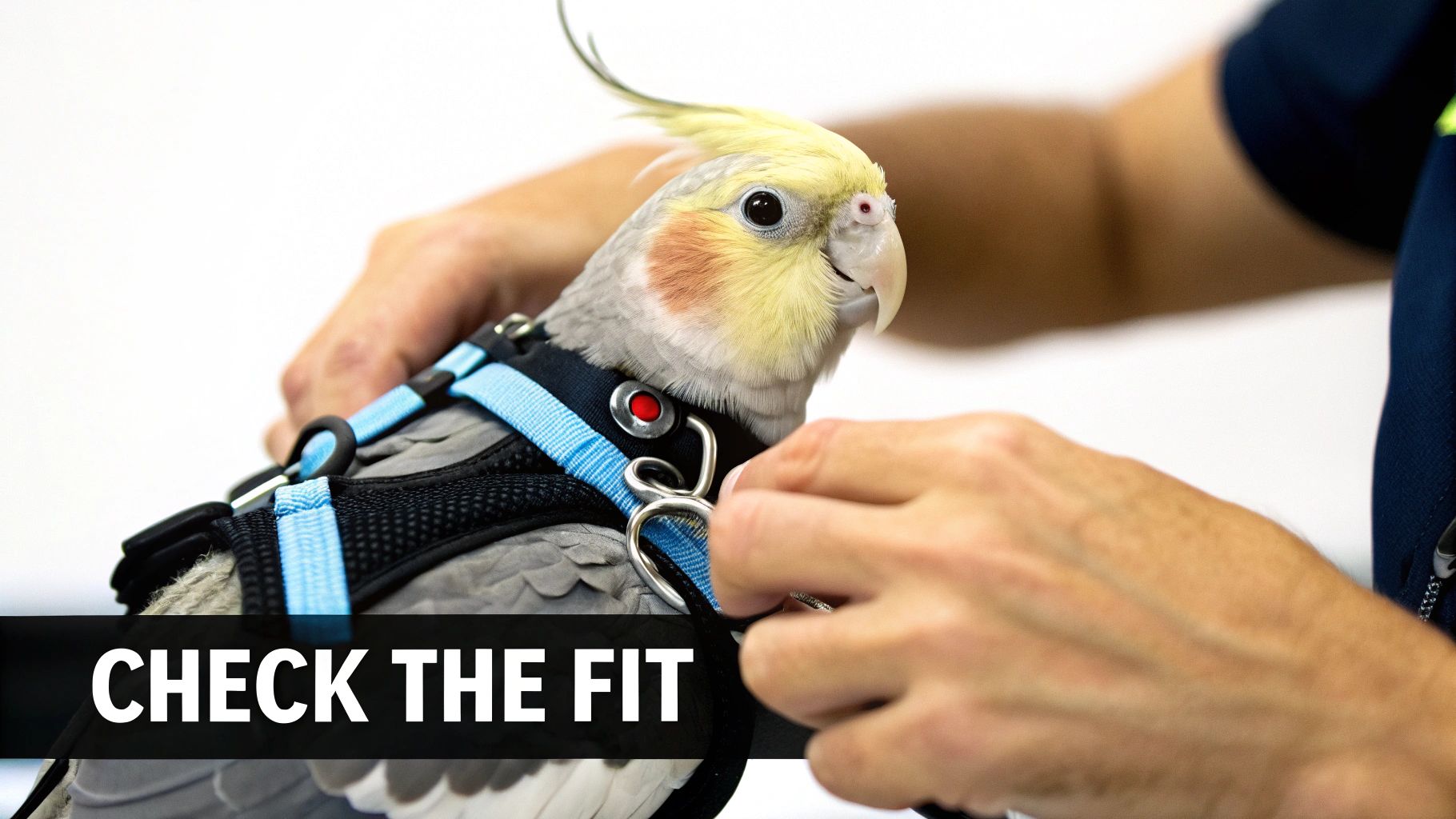 A person gently adjusts a blue and black harness on a cockatiel, highlighting a perfect fit.