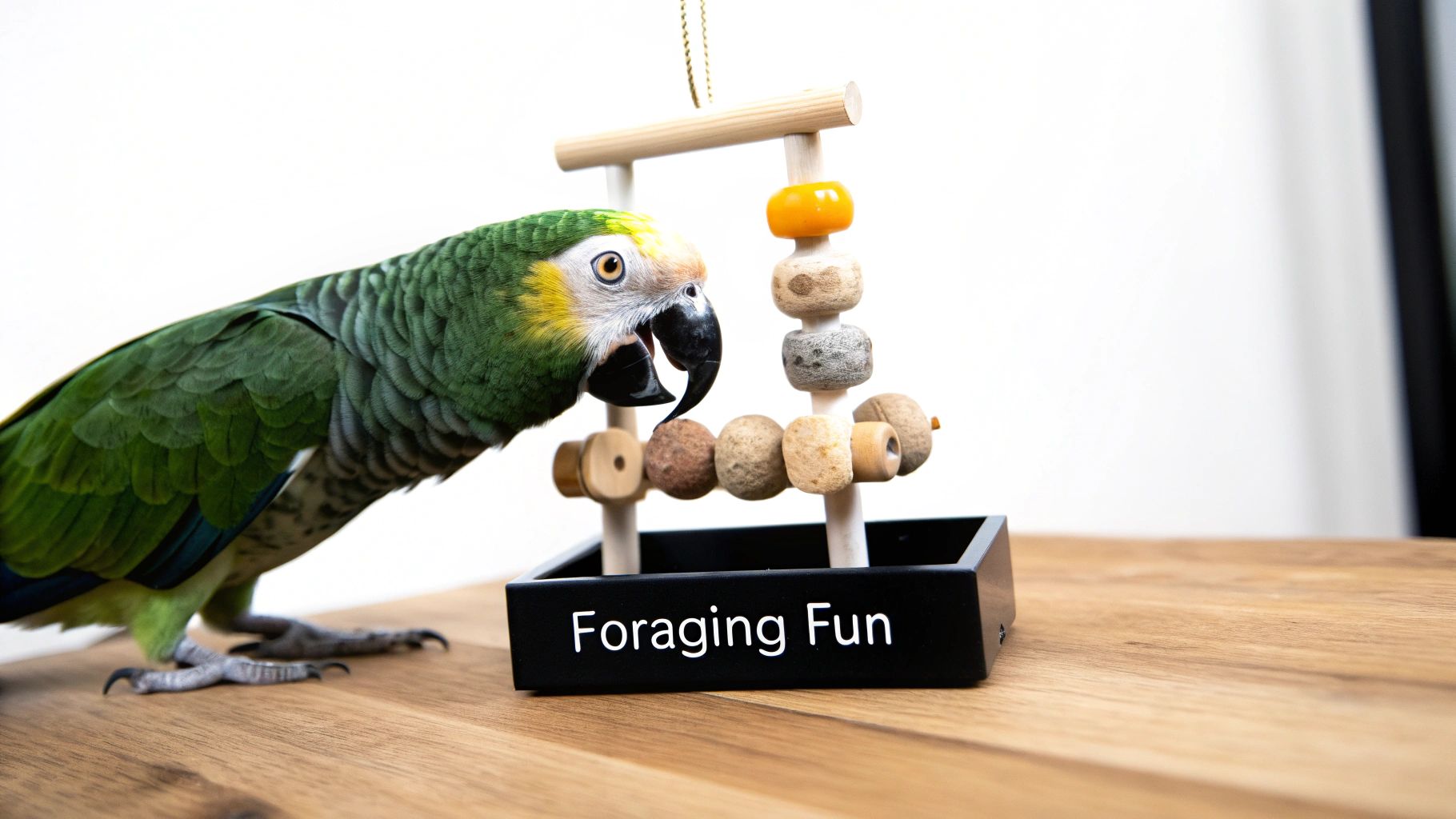 A green parrot interacts with a wooden foraging toy labeled 'Foraging Fun' on a light wooden table.