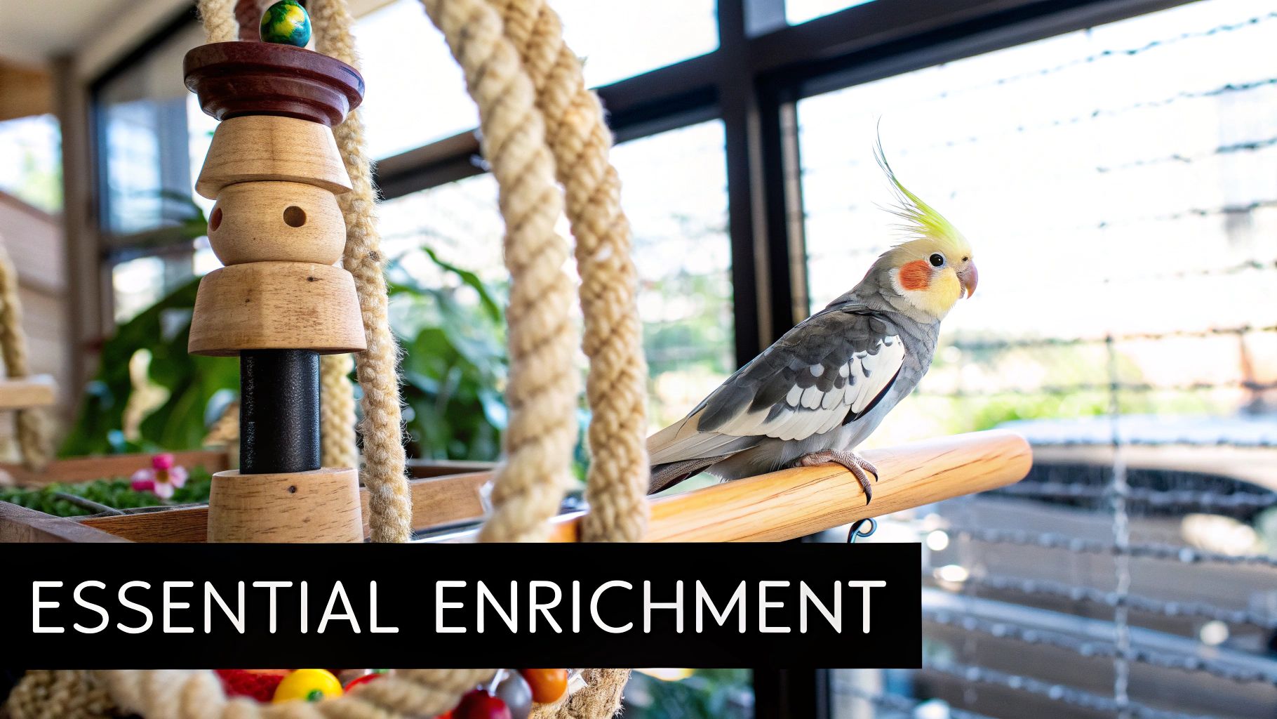 A cheerful cockatiel perches on a wooden toy, with ropes and other enrichment items, displaying text 'ESSENTIAL ENRICHMENT'.