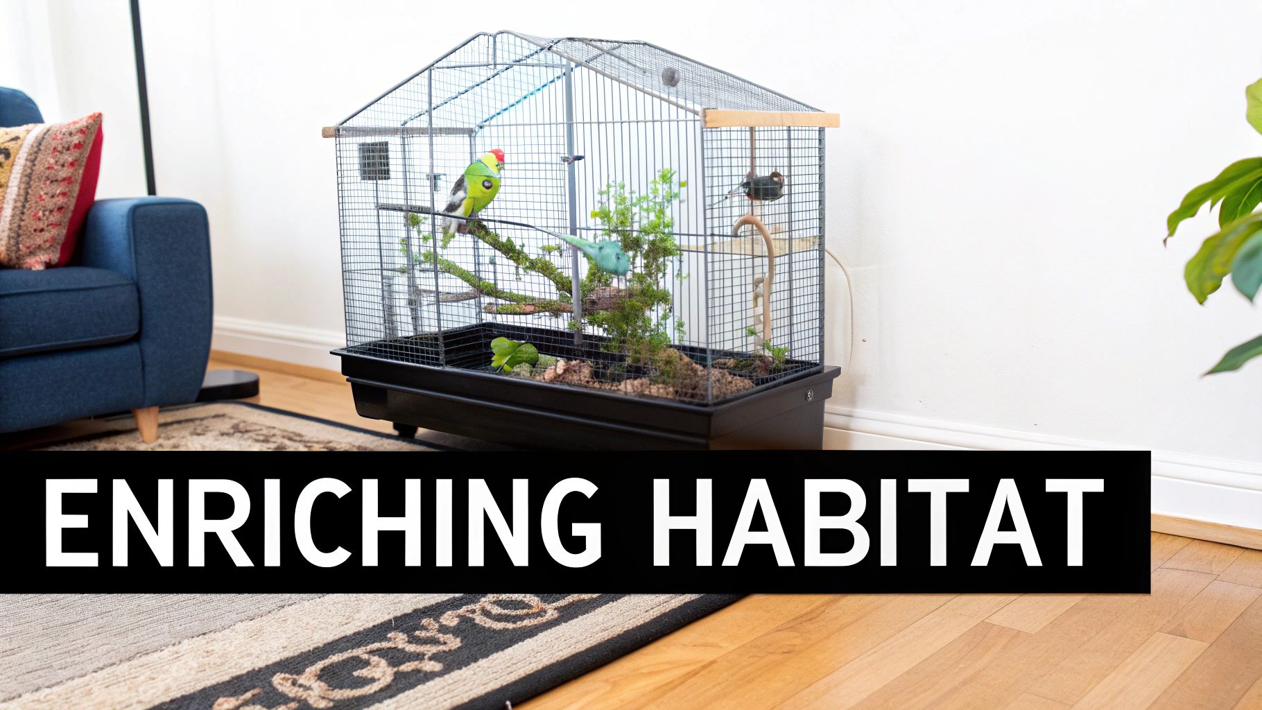 A bright and engaging bird flight cage filled with natural perches and colourful toys, showing a happy bird inside.