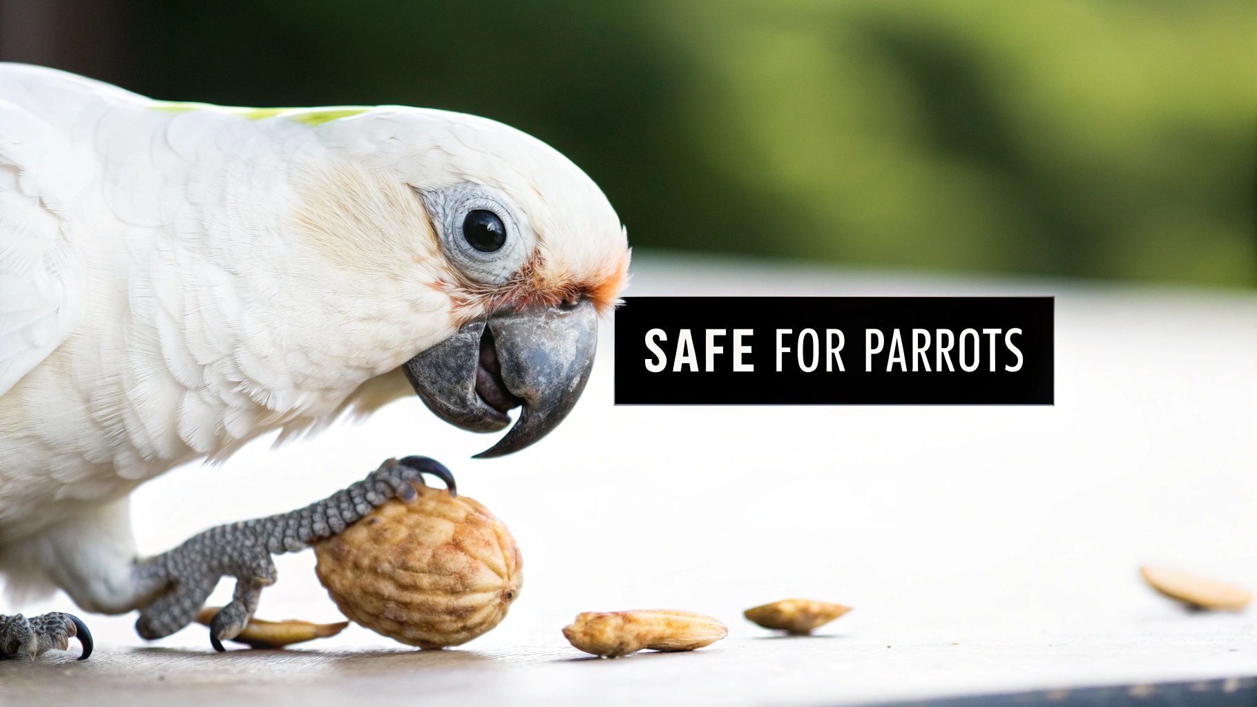 A white cockatoo parrot holds an almond nut in its shell, with text 'SAFE FOR PARROTS'.