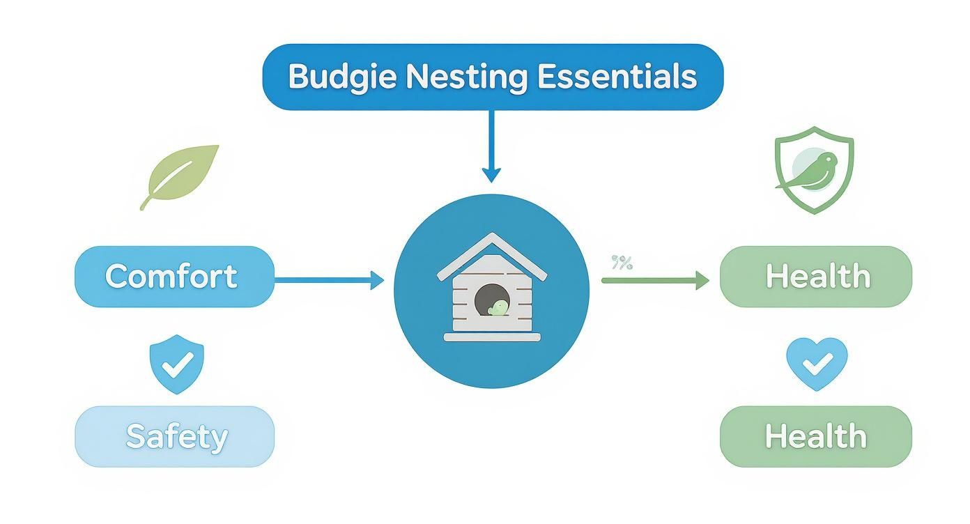 Budgie nesting essentials infographic showing comfort, safety, and health requirements for budgerigar nest boxes