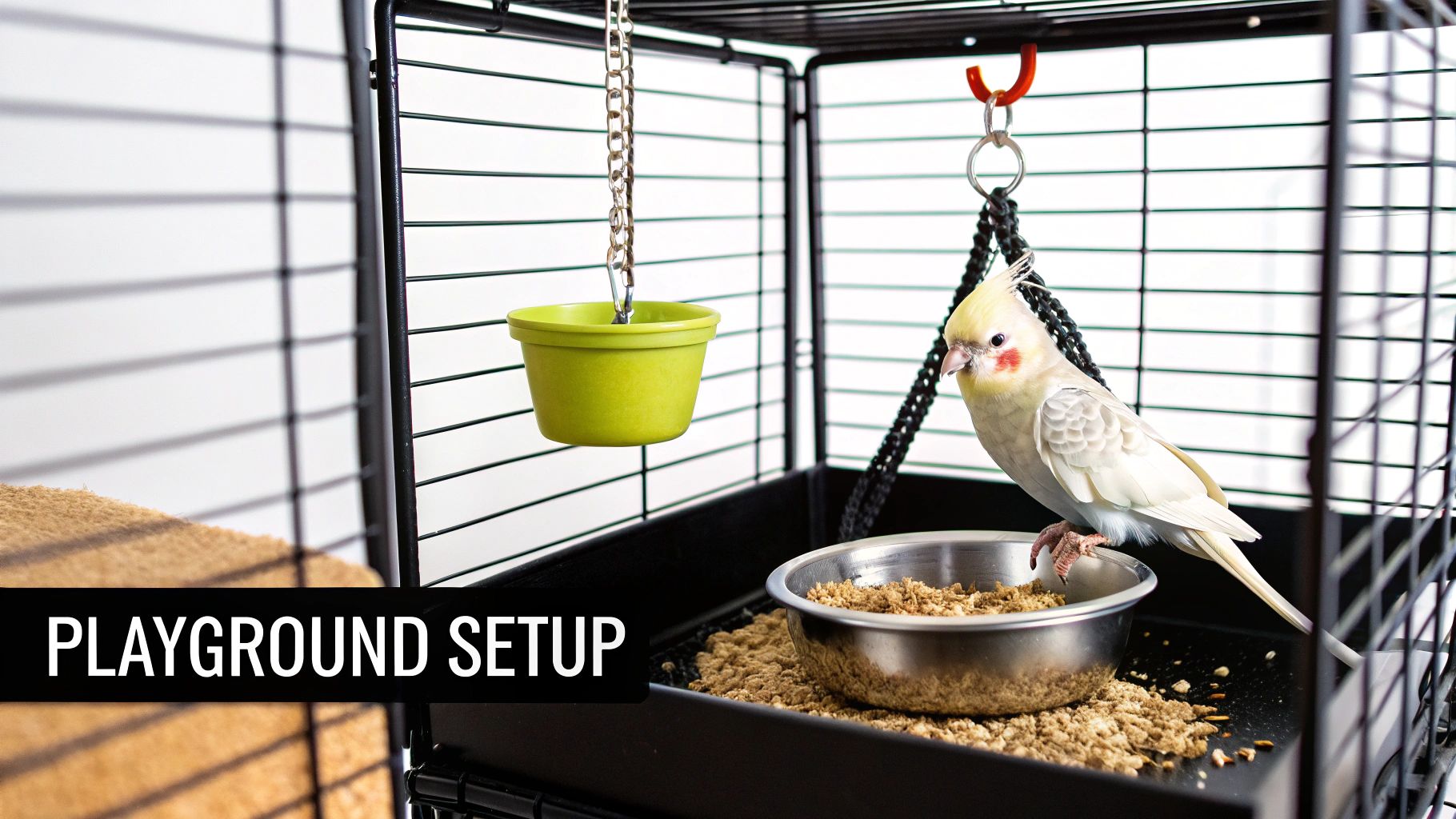 A cockatiel bird sits inside a black wire cage with feeders and a playground setup.