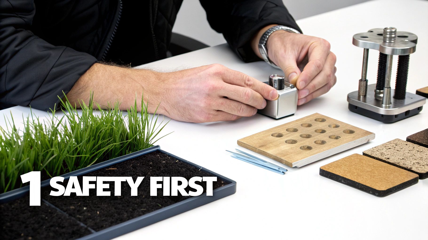A person's hands are engaged in material testing on a white desk, surrounded by samples, tools, and a planter with grass labeled 'SAFETY FIRST'.