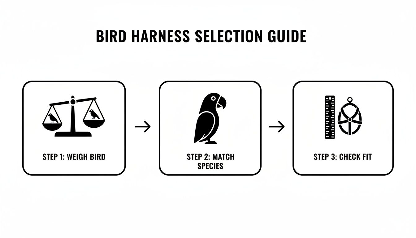 A bird harness selection guide showing three steps: weigh bird, match species, and check fit.