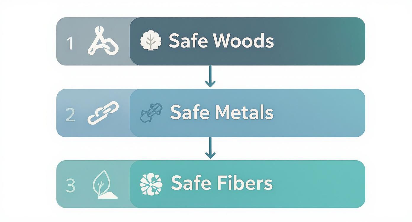 A three-step diagram showing Safe Woods, Safe Metals, and Safe Fibers, each with descriptive icons.