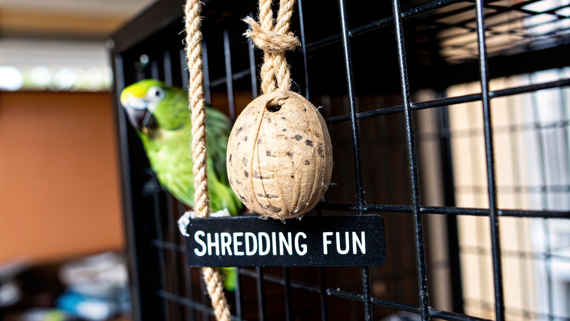 A green parrot peeks from its cage, beside a hanging coconut shell toy and a 'SHREDDING FUN' sign.
