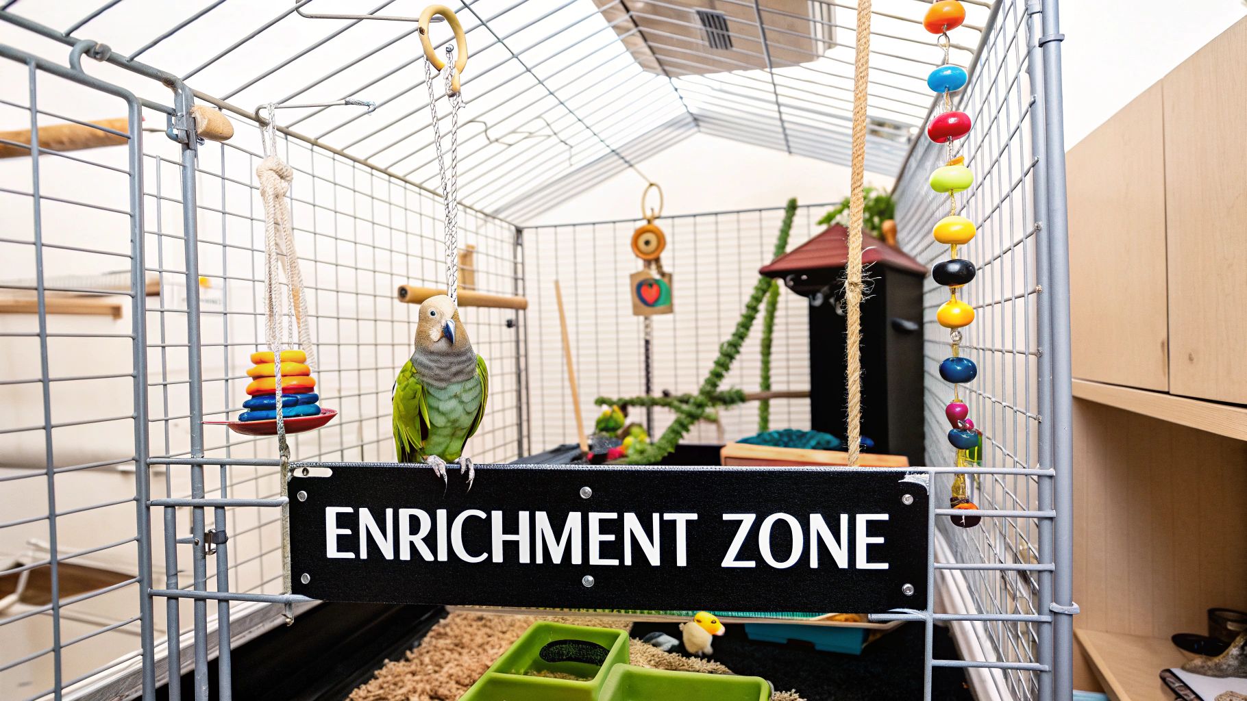 A large wire parrot cage with a green parrot, diverse toys, and an enrichment zone sign.