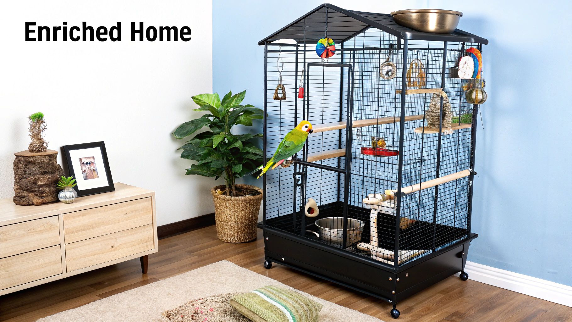 A large black bird cage with a green parrot and toys inside, in a modern living room setting.