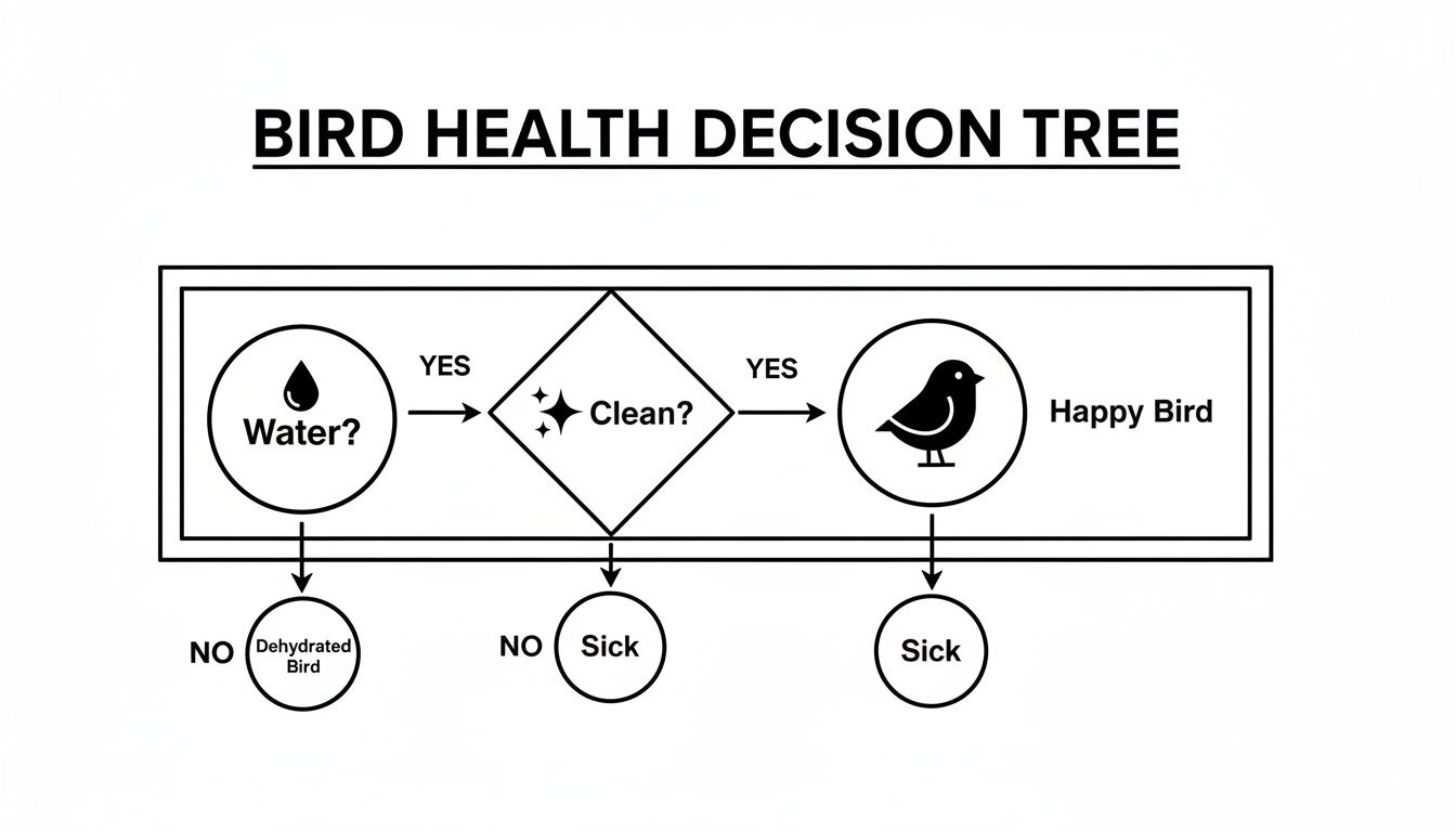A flowchart titled 'Bird Health Decision Tree' illustrating conditions for a happy, dehydrated, or sick bird.