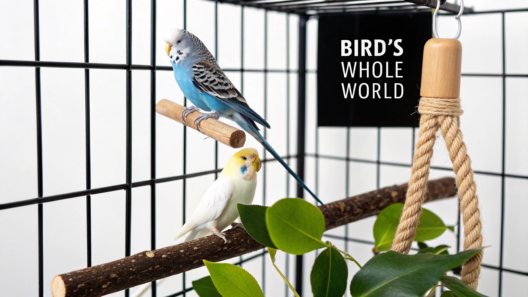 Two colorful parakeets, blue and yellow, perch happily on wooden branches in a spacious bird cage, with a rope toy.