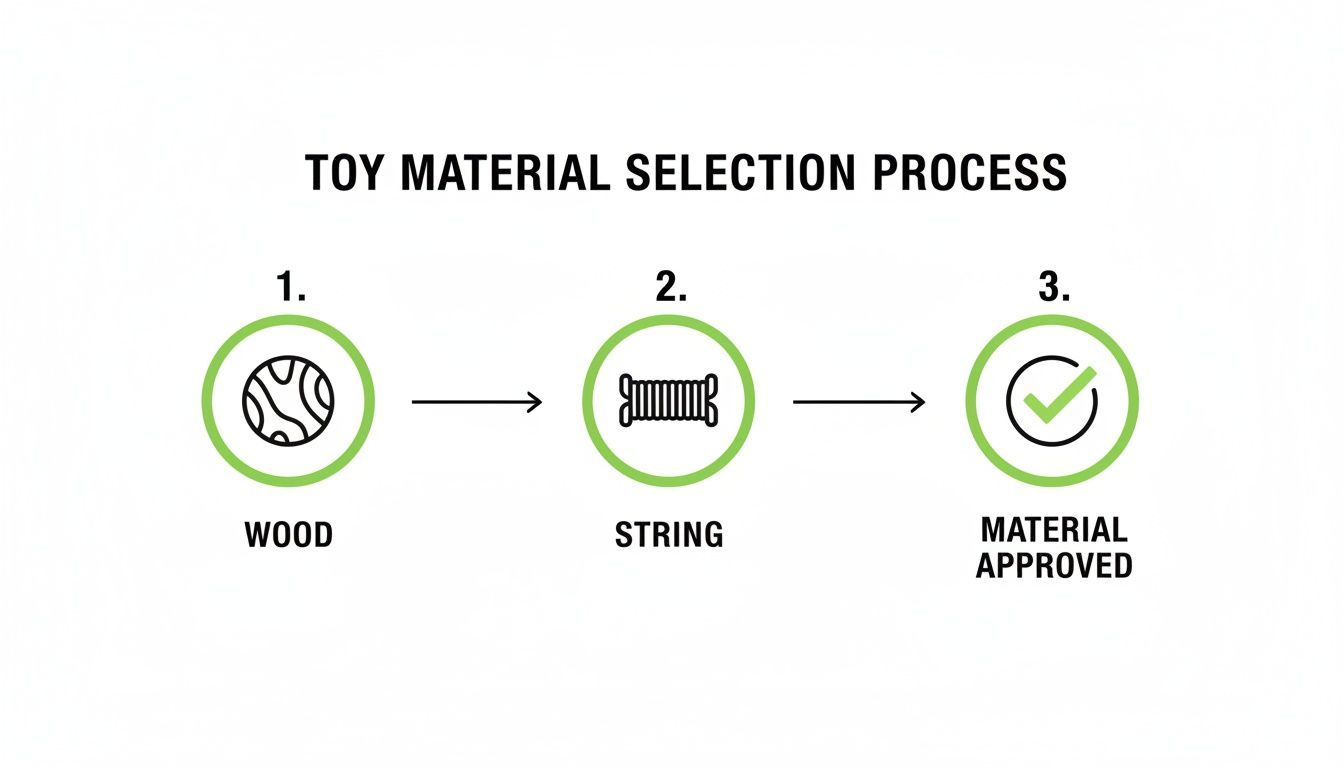 Flowchart illustrating the toy material selection process, moving from wood and string to material approval.