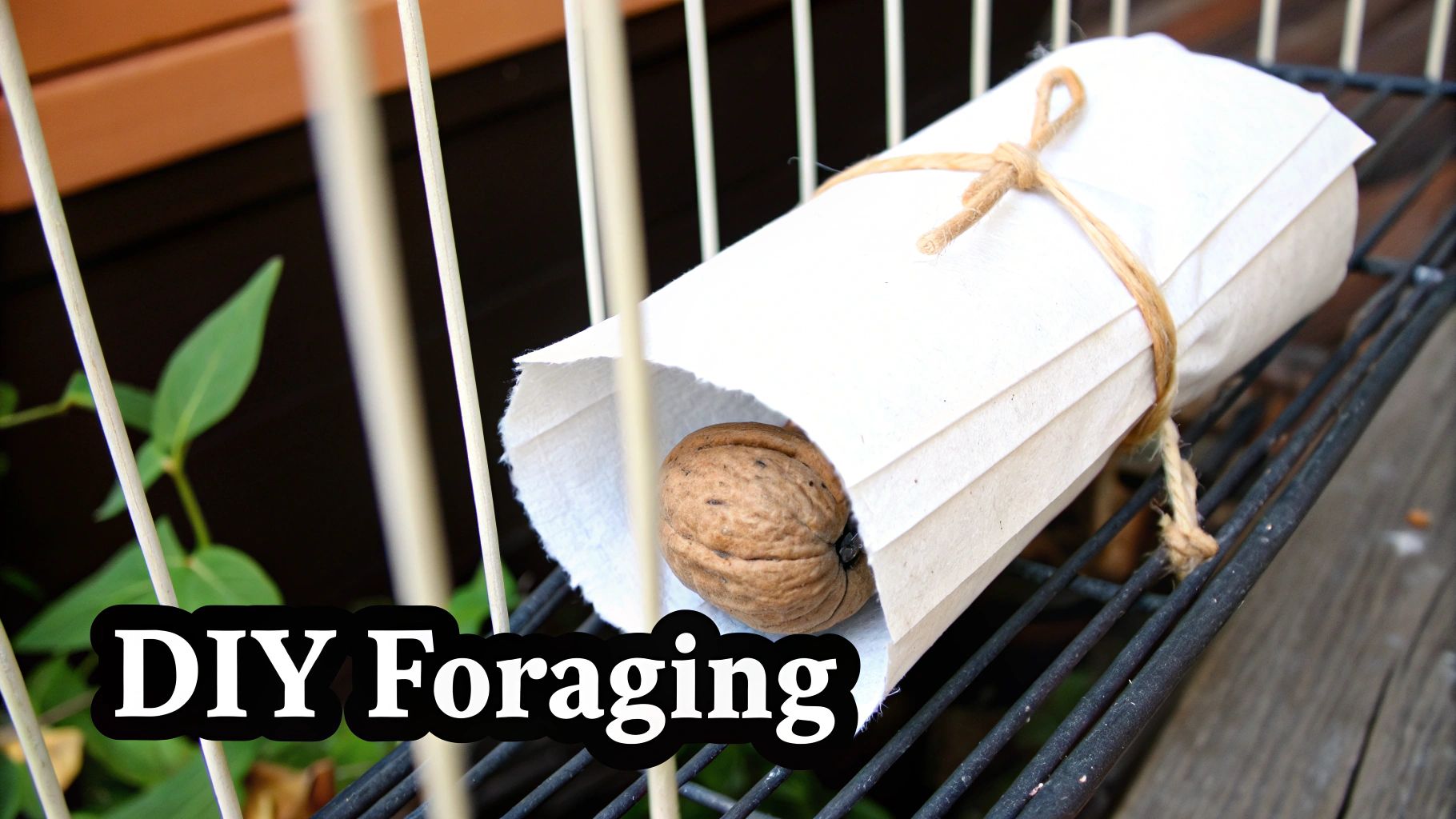 A DIY foraging toy features a walnut within a white paper roll, tied with natural twine, resting on a wire rack.