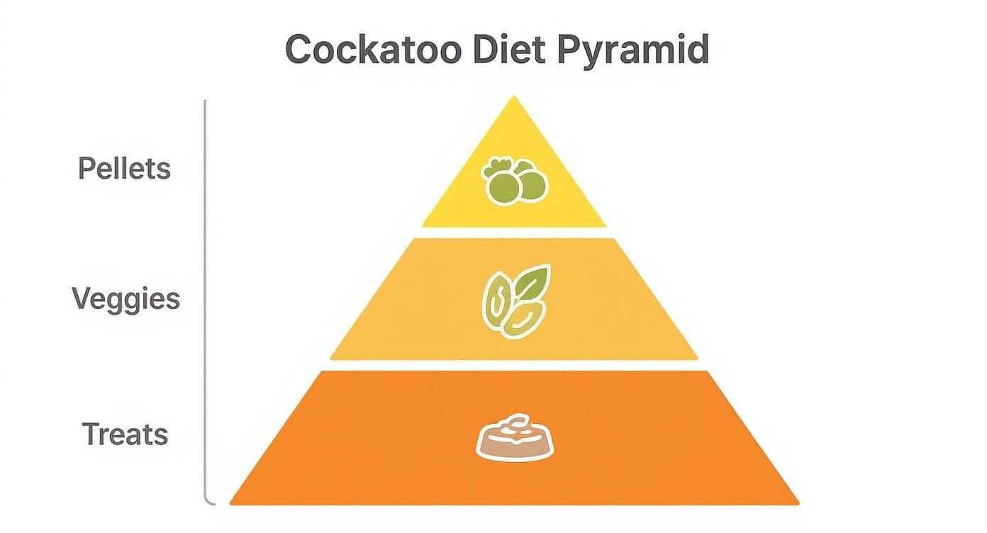 Cockatoo diet pyramid showing three levels: pellets at top, veggies in middle, treats at bottom