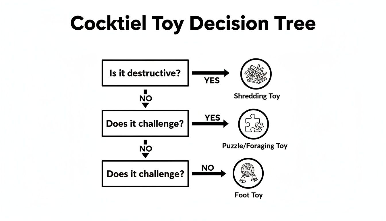 Flowchart detailing how to select the best cockatiel toy: shredding, puzzle, or foot.