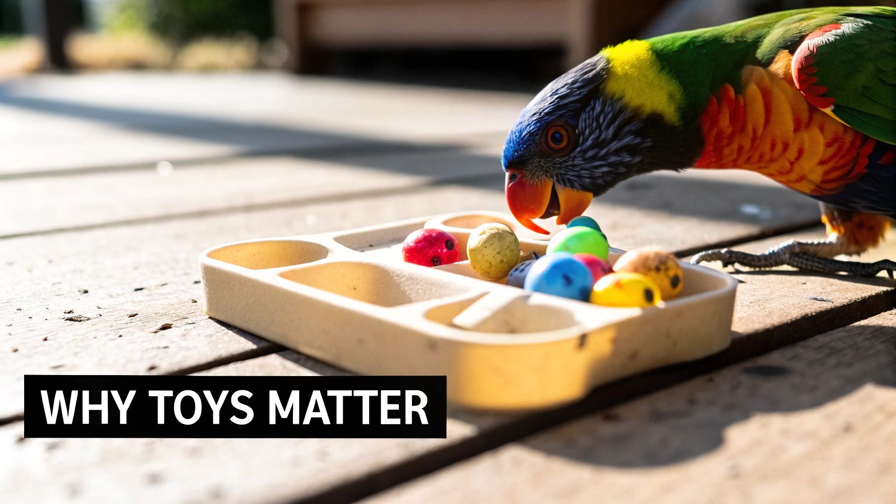 A vibrant rainbow lorikeet plays with colorful toy balls in a beige puzzle feeder on a wooden deck.