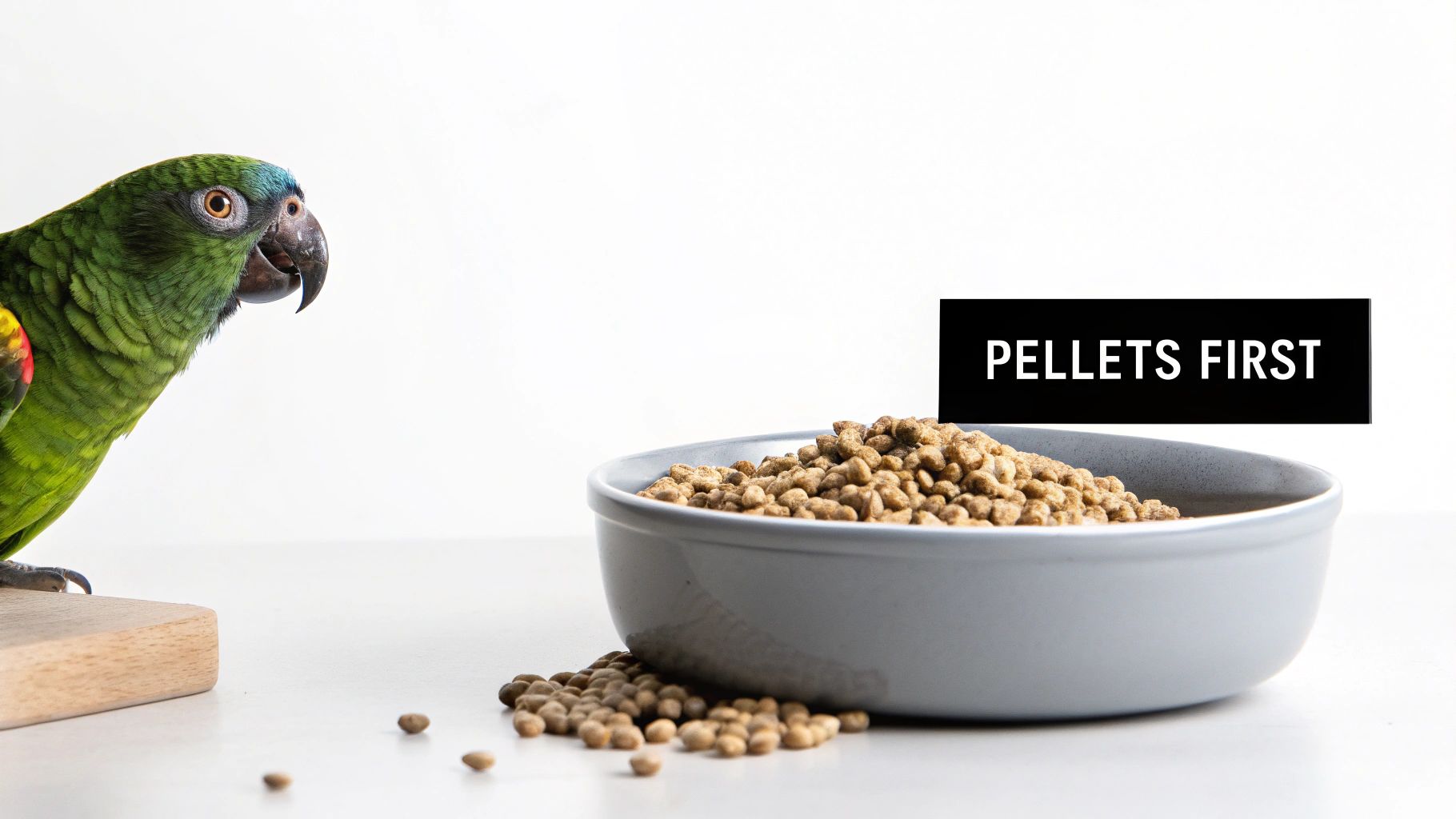 Green parrot looking at bowl of pellet food with pellets first sign