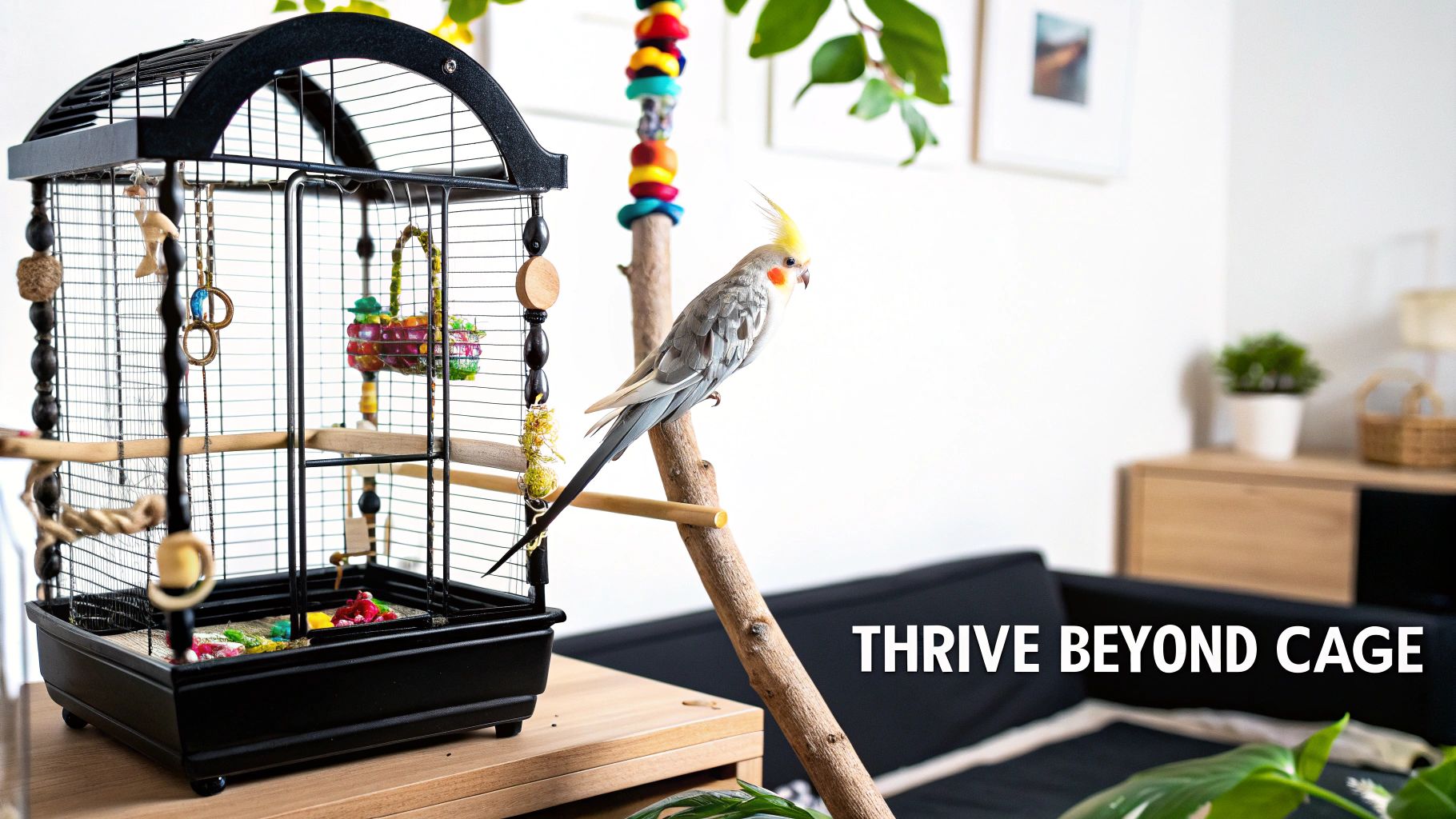 A cockatiel bird perched outside an open cage with toys, with text 'THRIVE BEYOND CAGE'.