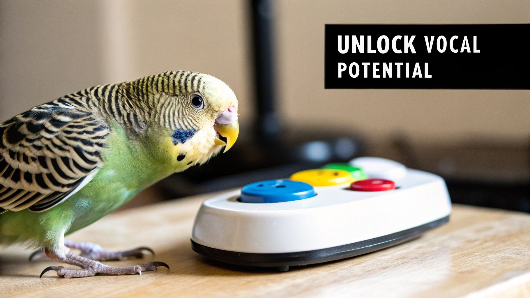 A parakeet looks attentively at a pet communication device with colorful buttons, suggesting vocal training.