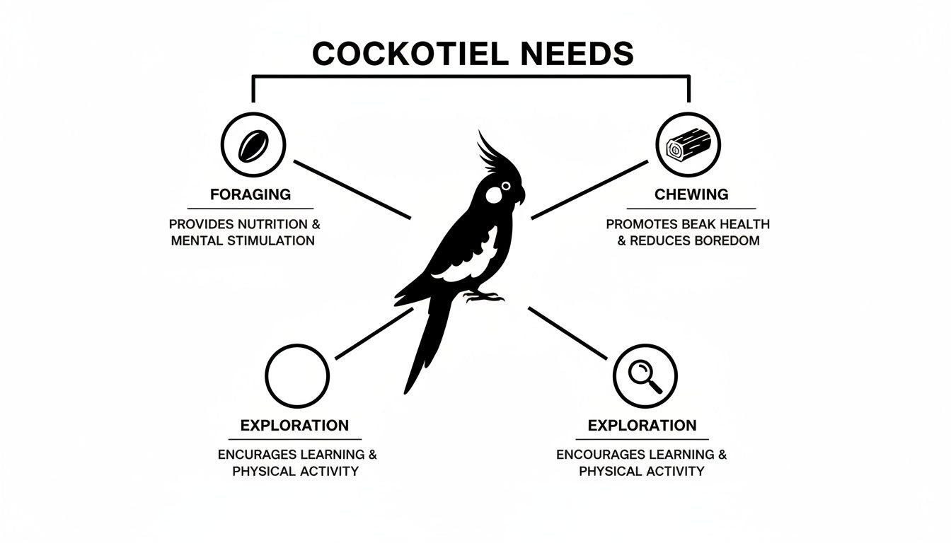 An infographic displaying the essential needs of a cockatiel: foraging, chewing, and exploration.
