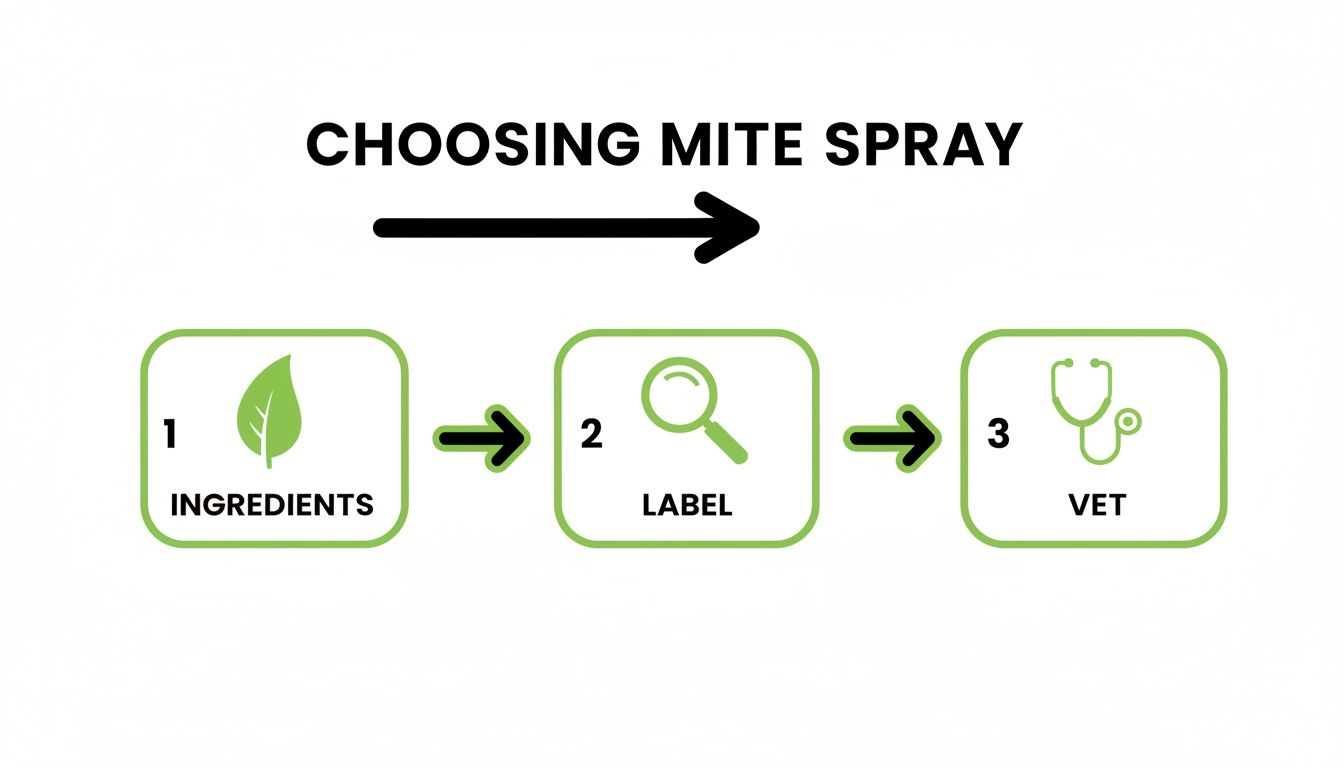 Flowchart showing three steps for choosing mite spray: ingredients, label, and vet consultation.
