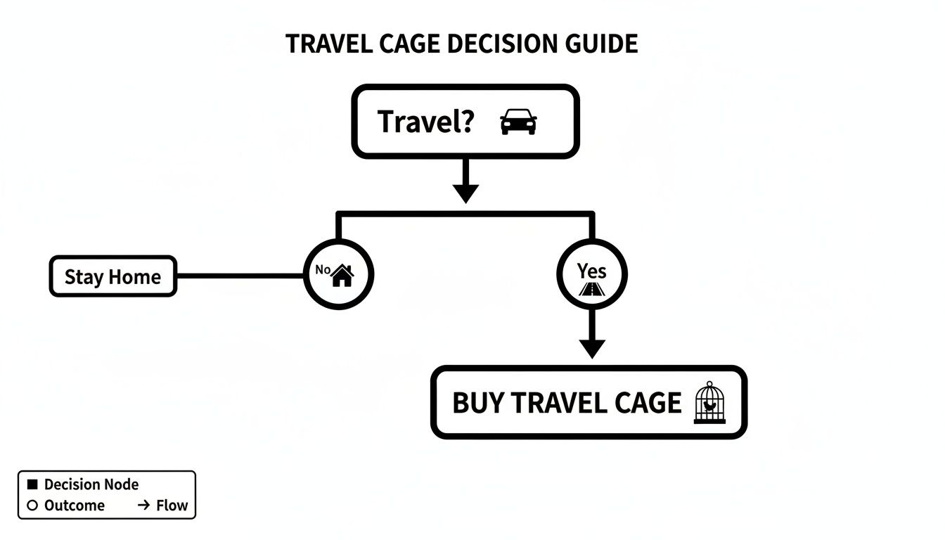 A flowchart titled 'Travel Cage Decision Guide' showing decisions for travel and buying a cage.