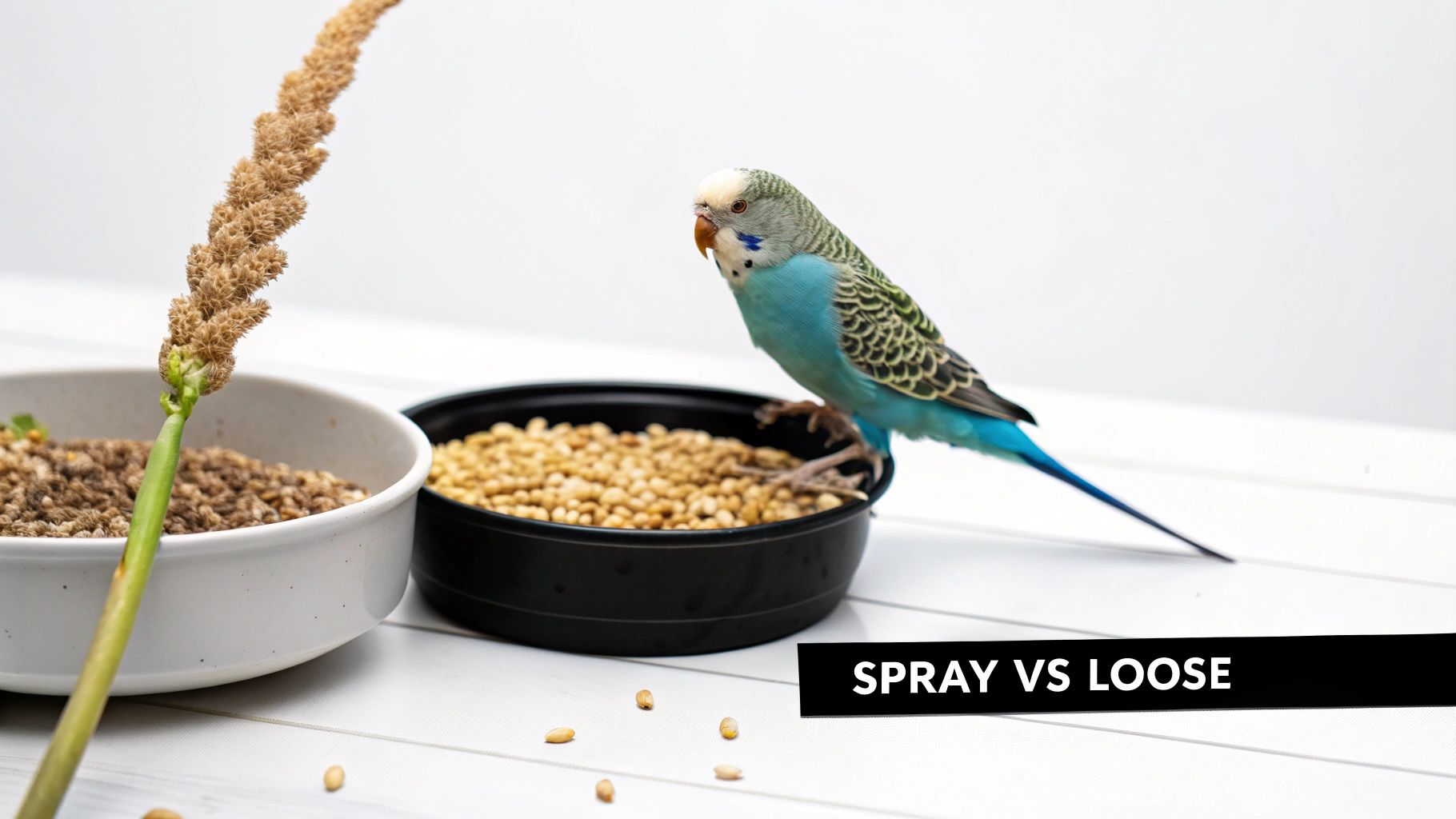 A budgerigar perches on a bowl of loose millet, with millet spray in another bowl, showcasing bird food types.