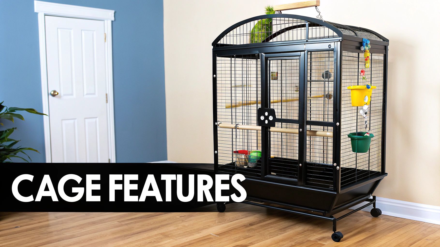 Large black bird cage on wheels with an arched top, perches, and hanging feeders.
