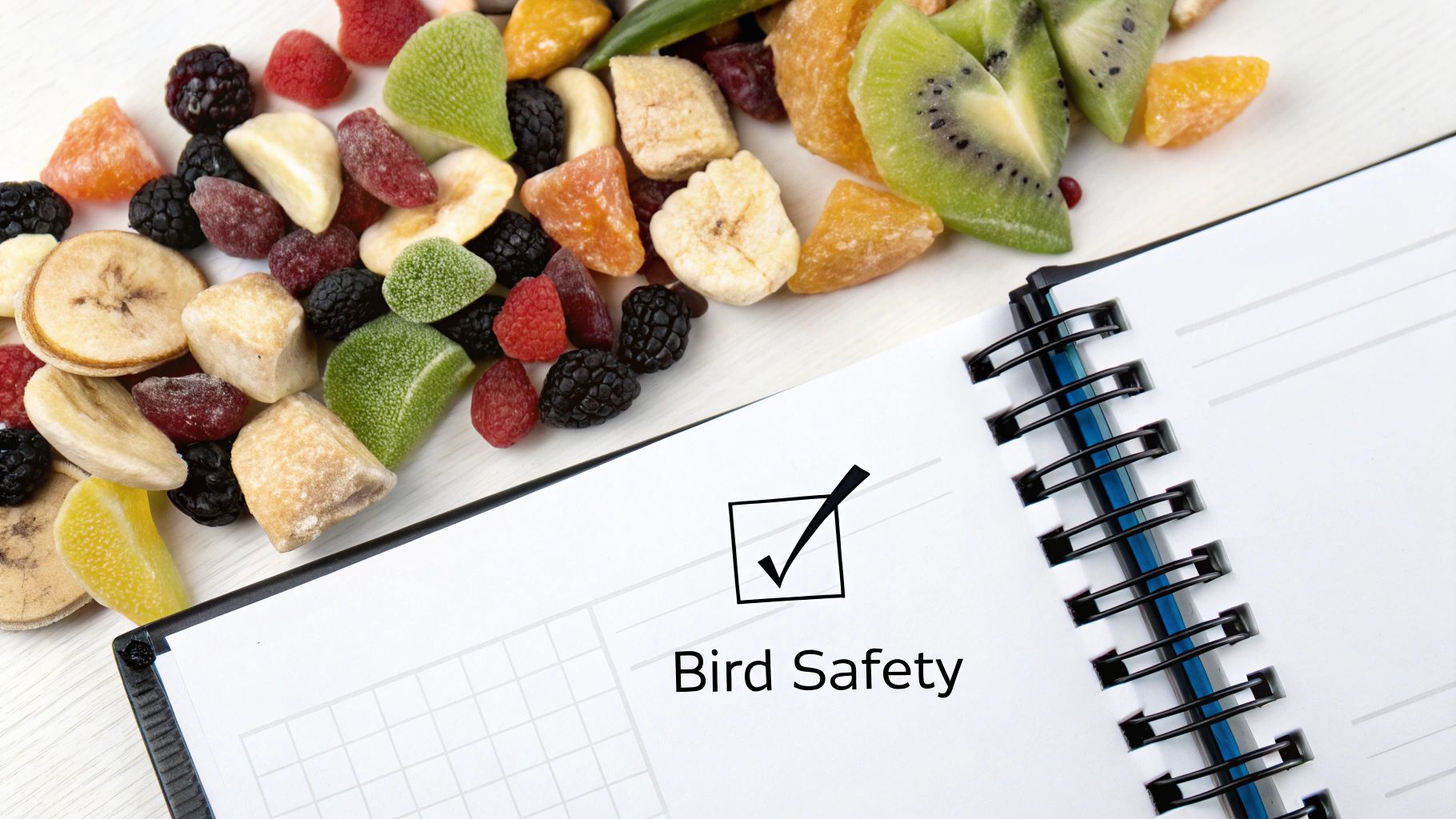 A colorful mix of freeze-dried fruits next to an open notebook with 'Bird Safety' checked.